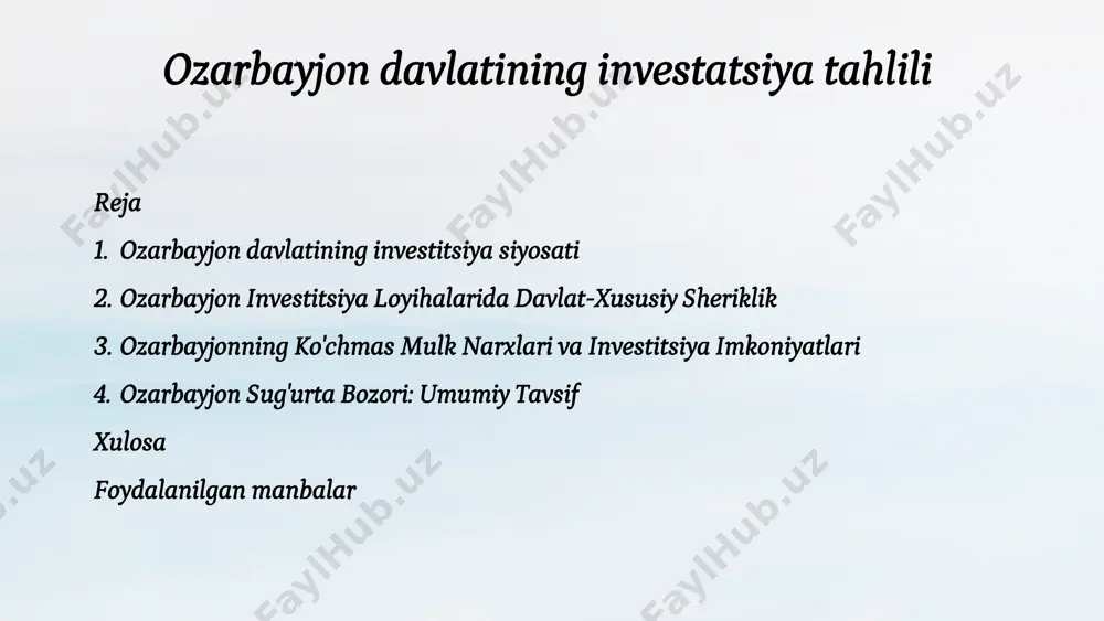 ra dengiz va xazar dengizining asosiy savdo markazi sifatida qarashga imkon beradi. ozarbayjon iqtisodiyotining asosiy yo'nalishlari ozarbayjon iqtisodiyotining asosiy yo'nalishlari - energiya, neft va gaz, turizm, qishloq xo'jaligi, metallurgiya va qayta ishlash. ushbu tarmoqlar davlat iqtisodiyotining muhim qismini tashkil qiladi. 1 energetika ozarbayjonning boy neft va gaz zaxiralari energiya sohasini muhim iqtisodiy yo'nalishga aylantiradi. 2 turizm ozarbayjonning boy madaniy merosi va go'zal tabiat manzaralari uni turizm rivojlanishi uchun jozibador joyga aylantiradi. 3 qishloq xo'jaligi ozarbayjonning serhosil tuprog'i va iqlim sharoiti qishloq xo'jaligini muhim iqtisodiy yo'nalishga aylantiradi. ozarbayjon xorijiy investitsiyalar uchun jozibador ozarbayjonning iqtisodiy rivojlanishga intilishi va investitsiya muhiti xorijiy investorlar uchun jozibador bo'lib, ular uchun keng imkoniyatlar yaratadi. iqtisodiy islohotlar, qulay investitsiya siyosati va davlat yordami xorijiy sarmoyalarni jalb qilishga yo'naltirilgan. stabil siyosat ozarbayjon siyosiy barqarorligi va xavfsizligi investitsiyalar uchun muhim omil hisoblanadi. iqtisodiy islohotlar iqtisodiy islohotlar biznes muhitini yaxshilash va investitsiyalarni rag'batlantirishga qaratilgan. qulay investitsiya siyosati ozarbayjon investorlar uchun …
