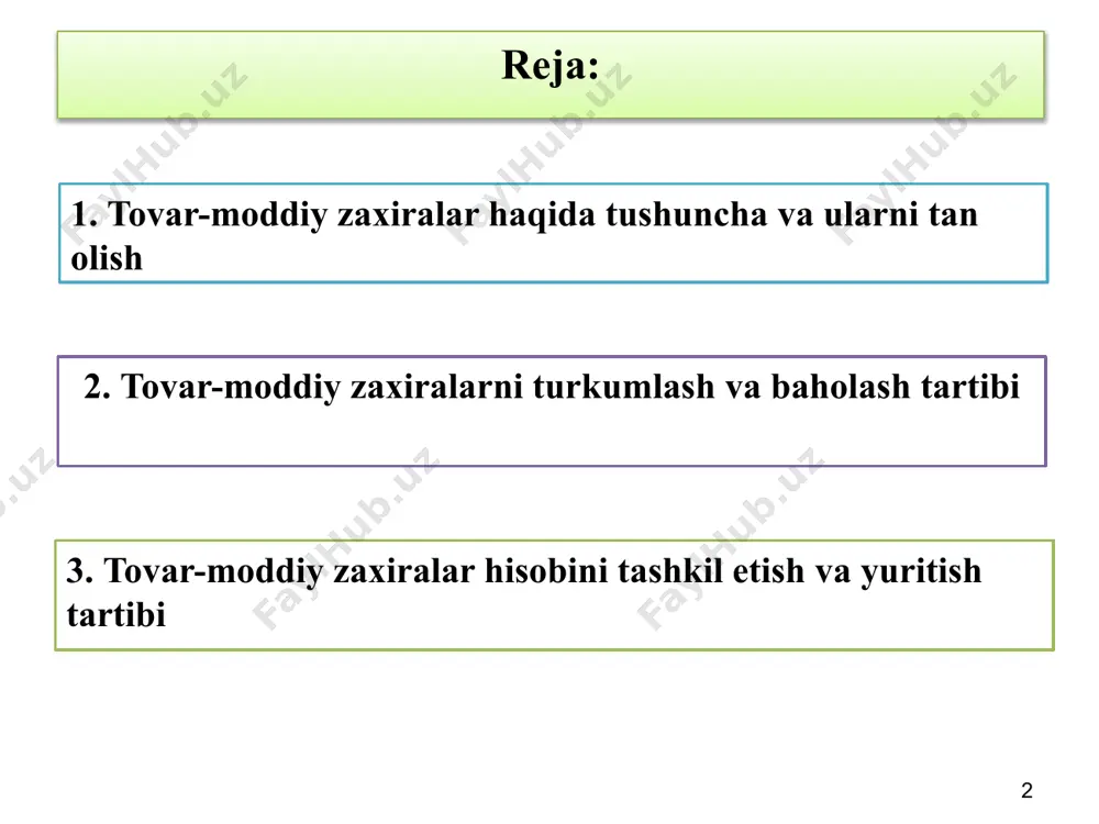 alarni aniqlash hamda moliyaviy hisobotda ular bo‘yicha axborotni yoritib berish tartibi 7 tovar-moddiy zaxiralar quyidagi holatlarda tan olinadi: - tashkilotga aktiv bilan bog‘liq kelgusidagi iqtisodiy naf kelishiga ishonch mavjud bo‘lsa; -aktiv qiymatini ishonchli baholash mumkin bo‘lsa; 1. tovar-moddiy zaxiralar haqida tushuncha va ularni tan olish - ularga bo‘lgan mulk huquqi o‘tsa. 2. tovar-moddiy zaxiralarni turkumlash va baholash tartibi tmz xom-ashyo va materiallar tugallanmagan ishlab chiqarish boquvdagi hayvonlar tovarlar tovarlar asosiy ishlab chiqarish ҳомашё mxhs-2 bo‘ycha a d b 2. tovar-moddiy zaxiralarni turkumlash va baholash tartibi 9 yillar jami aktivlar joriy aktivlar tmz foizda jami aktivlarga nisbatan foizda joriy aktivlarga nisbatan a 1 2 3 4=3/1*100 5=3/2*100 2017 8 973,1 4 087,5 2 282,2 25,43% 55,83% 2018 14 804,7 7 396,5 4 197,9 28,36% 56,76% 2019 28 875,0 13 516,8 6 057,4 20,98% 44,81% 2020 39 543,7 13 673,6 5 689,9 14,39% 41,61% 2. tovar-moddiy zaxiralarni turkumlash va baholash tartibi tmz …