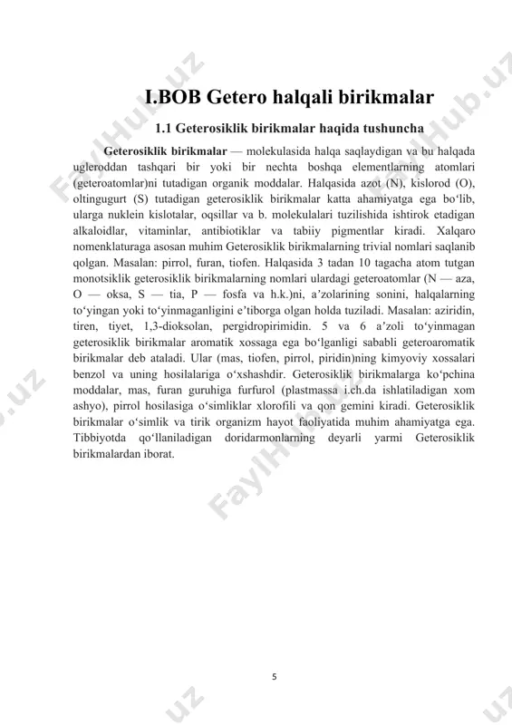 6. pirrol hosilalari sianid kislota yoki nitrillar va xlorid kislota ta'sirida aldegid hamda ketonga aylanadi. (1) 7. azot atomida alkil gruppasi bo’lmagan pirrol birikmalari magniy - organik birikmalar bilan reaksiyaga kirishib pirrol magniygologanidlarni hosil qiladi. (1) 8. vodorod ta'sirida tetragidropirrol-tirrogidik hosil bo’ladi. (1) 9. malein angidridni biriktirib, 2-pirril qahrabo kislotaga aylanadi. (1) 10. pirrol hosilalari gidroksilaminning spirtdagi eritmasi ta'sirida 1,4 diketanlarning dioksimiga aylanadi. (1) 11. alkilpirrollar qizdirilgan nay orqali o’tkazilsa, qayta gruppalanib piridin halqasi hosil bo’ladi. (1) 12. pirrol azonlanganda imindisirka kislota hosil bo’ladi. (1) tiofen. 1. tiofen, xlor bilan reaksiyaga kirishadi. (1) 2. tiofenning sulfat kislota bilan reaksiyasi. (1) 3. nitrolanish reaksiyasi. (1) 4. alkillash reaksiyasi. (1) 5. asillanish reaksiyasi. (1) 6. tiofenni xlormetillash. (1) 7. tiofenni simoblanishi. (1) 8. biriktirib olish reaksiyasi. (1) olinishi. piridin. 1. akrolein ammiak bilan kondensatlanganda - pikolin hosil bo’ladi. (1) 2. to’yingan aldegidlarga ammiak ta'sir ettirib olish . (1) 3. asetilen va ammiakdan …