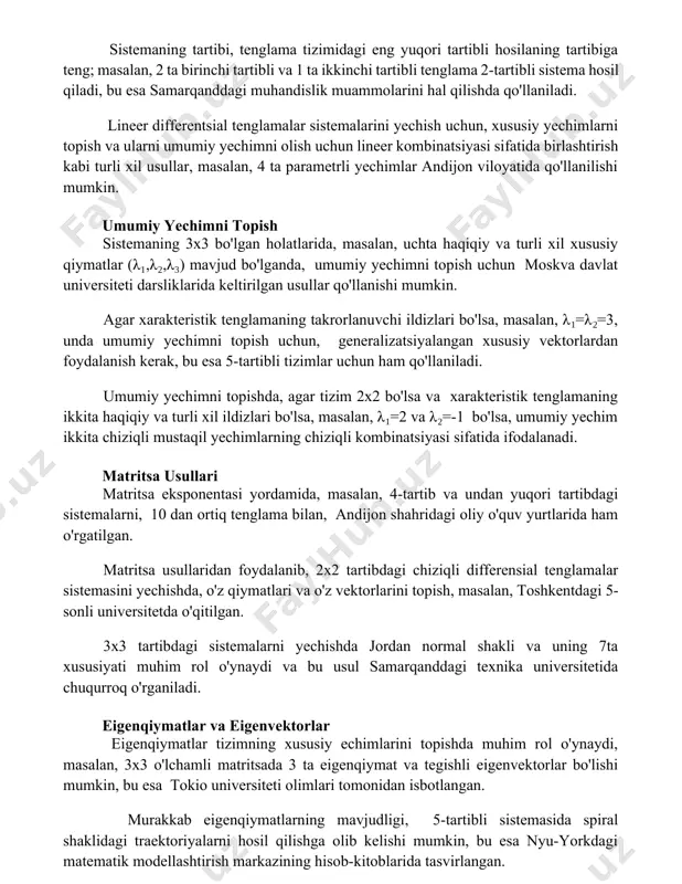 un toshkent shahrida tadqiq qilinishi mumkin. sistemaning tartibi, tenglama tizimidagi eng yuqori tartibli hosilaning tartibiga teng; masalan, 2 ta birinchi tartibli va 1 ta ikkinchi tartibli tenglama 2-tartibli sistema hosil qiladi, bu esa samarqanddagi muhandislik muammolarini hal qilishda qo'llaniladi. lineer differentsial tenglamalar sistemalarini yechish uchun, xususiy yechimlarni topish va ularni umumiy yechimni olish uchun lineer kombinatsiyasi sifatida birlashtirish kabi turli xil usullar, masalan, 4 ta parametrli yechimlar andijon viloyatida qo'llanilishi mumkin. umumiy yechimni topish sistemaning 3x3 bo'lgan holatlarida, masalan, uchta haqiqiy va turli xil xususiy qiymatlar (λ₁,λ₂,λ₃) mavjud bo'lganda, umumiy yechimni topish uchun moskva davlat universiteti darsliklarida keltirilgan usullar qo'llanishi mumkin. agar xarakteristik tenglamaning takrorlanuvchi ildizlari bo'lsa, masalan, λ₁=λ₂=3, unda umumiy yechimni topish uchun, generalizatsiyalangan xususiy vektorlardan foydalanish kerak, bu esa 5-tartibli tizimlar uchun ham qo'llaniladi. umumiy yechimni topishda, agar tizim 2x2 bo'lsa va xarakteristik tenglamaning ikkita haqiqiy va turli xil ildizlari bo'lsa, masalan, λ₁=2 va λ₂=-1 bo'lsa, umumiy yechim …
