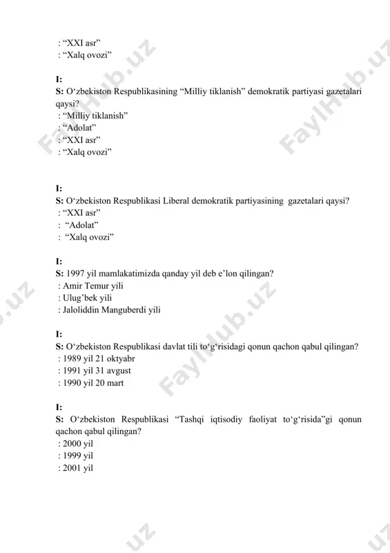i : 2700 yilligi : 2200 yilligi i: s: o‘zbekiston respublikasi “xalq birligi” jamoatchilik xarakati gazetalari qaysi? : “birlik” va “edinstva” : “xxiasr” : “xalq ovozi” i: s: mustaqillik yillarida milliy qadriyatlarimiz tiklanib xiva va buxoro shaxarlarining necha yillik yubileyi respublikamizda va xalqaro miqyosida keng nishonlandi? : 2500 yilligi : 2700 yilligi : 2200 yilligi i: s: mustaqillik yillarida milliy qadriyatlarimiz tiklanib qarshi shaxrining necha yillik yubileyi respublikamizda va xalqaro miqyosida keng nishonlandi? : 2700 yilligi : 2500 yilligi : 2200 yilligi i: s: mustaqillik yillarida milliy qadriyatlarimiz tiklanib samarqand shaxrning necha yillik yubileyi respublikamizda va xalqaro miqyosda keng nishonlandi? : 2750 yilligi : 2500 yilligi : 2200 yilligi i: s: mustaqillik yillarida milliy qadriyatlarimiz tiklanib marg‘ilon shaxrining necha yillik yubileyi respublikamizda va xalqaro miqyosida keng nishonlandi? : 2000 yilligi : 2200 yilligi : 2500 yilligi i: s: o‘zbekiston respublikasi birinchi prezidenti i. karimovning “ma’naviyat va ma’rifat” jamoatchilik markazini tashkil …