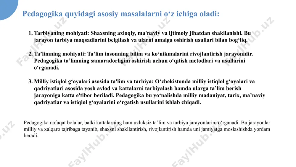 da o‘rin tutadi. estetika - shaxs tomonidan go‘zallikning idrok etilishi, uni yaratishga intilishi, shuningdek, estetik didni tarbiyalashda muhim yo‘nalishlarni aniqlashga xizmat qiladi. zamonaviy sharoitda, pedagogik yo‘nalishda, tadqiqotlarni olib borishda quyidagi metodlardan foydalanilmoqda: pedagogik kuzatish metodi. suhbat metodi. anketa metodi. intervyu metodi. ta’lim muassasasi hujjatlarini tahlil qilish metodi. test metodi. pedagogik tahlil metodi. bolalar ijodini o‘rganish metodi. pedagogik tajriba metodi. matematik-statistik metod. pedagogik kuzatish metodi. uni qo‘llash jarayonida, ta’lim muassasalarining o‘quv-tarbiya ishlari jarayonini o‘rganish asosida tadqiq etilayotgan muammo holat aniqlanadi, tajriba avvali va yakunida qo‘lga kiritilgan ko‘rsatkichlar o‘rtasidagi farq to‘g‘risidagi ma’lumotga ega bo‘linadi. pedagogik kuzatish murakkab va o‘ziga xos xususiyatlarga ega. kuzatish aniq maqsad asosida, uzluksiz, izchil va tizimli amalga oshirilsa, kutilgan natijani qo‘lga kiritish mumkin. olib borilayotgan pedagogik kuzatish ta’lim-tarbiya sifatini oshirish, o‘quvchi shaxsini shakllantirishga xizmat qilsa, mazkur metodning ahamiyati yanada oshadi. suhbat metodi. bu metod pedagogik kuzatish jarayonida ega bo‘lingan ma’lumotlarni boyitish, mavjud holatga to‘g‘ri baho berish, muammoning echimini …