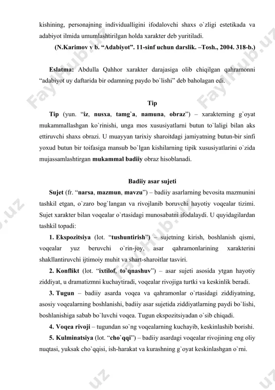 diy oqim sifatida badiiy asarda xarakter va voqealarni o’z ko’rinishida ko’rsatish demakdir. realist adiblar quyidagilar: u.shekspir, o.balzak, l.tolstoy, f.dostoyevskiy, m.sholoxov, a.qodiriy, oybek, a.qahhor va boshq. 3. klassitsizm (lot. “namuna, ibrat”) – realizmning o`ziga xos bir ko`rinishi. uning vakillari o`tmish antik adabiyotining eng nodir asarlarini o`zlari uchun klassik namunalar hisoblab, o`shalarga o`xshagan asarlr yozishga intilganlar. ular adabiyotda hamma narsalar aniq va qat`iy qoida asosida tasvirlanishi shart, “adabiyot saroy va shahar uchun yaratilishi kerak”, deb hisoblaganlar va janrlarni tabaqalashtirganlar. 4. sentimentalizm (fr. “hissiyot, his qilish”). bu oqim xviii asr o`rtalarida angliyada feodalizm sarqitlariga qarshi kurashni, oddiy kishilarning olijanobligini, qalbini tasvir markaziga olgan. sentimentalizm oddiy qahramonlar qismatini har qanday kitobxonni achintiradigan tarzda tasvirlaydi. 5. modernizm (fr. “yangi, zamonaviy”). u xx asr boshlarida yevropada yuzaga kelgan. modern adabiyotda hayot haqiqatiga rioya qilish muhim hisoblanmaydi. modern yozuvchilar uchun tasvirning hayotdagiga, borliqdagiga o`xshashi shart emas, balki odamning ichki olamini, ruhiy kechinmalarini aks ettirishi muhim sanaladi. benda …