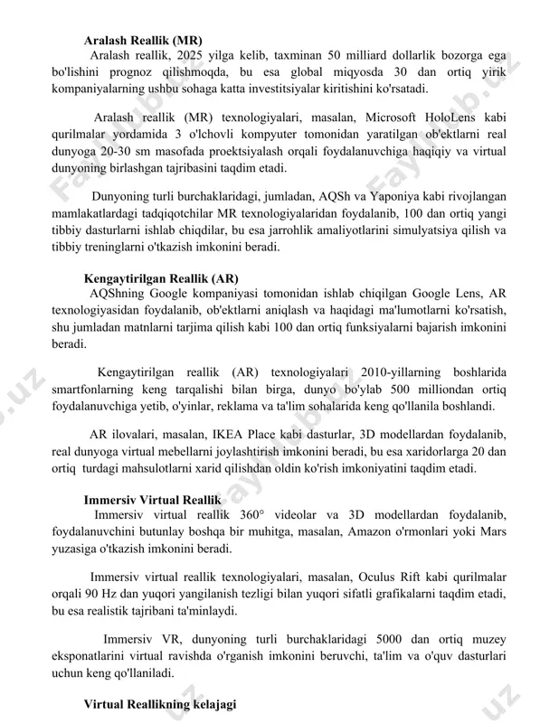 n ortiq yirik kompaniyalarning ushbu sohaga katta investitsiyalar kiritishini ko'rsatadi. aralash reallik (mr) texnologiyalari, masalan, microsoft hololens kabi qurilmalar yordamida 3 o'lchovli kompyuter tomonidan yaratilgan ob'ektlarni real dunyoga 20-30 sm masofada proektsiyalash orqali foydalanuvchiga haqiqiy va virtual dunyoning birlashgan tajribasini taqdim etadi. dunyoning turli burchaklaridagi, jumladan, aqsh va yaponiya kabi rivojlangan mamlakatlardagi tadqiqotchilar mr texnologiyalaridan foydalanib, 100 dan ortiq yangi tibbiy dasturlarni ishlab chiqdilar, bu esa jarrohlik amaliyotlarini simulyatsiya qilish va tibbiy treninglarni o'tkazish imkonini beradi. kengaytirilgan reallik (ar) aqshning google kompaniyasi tomonidan ishlab chiqilgan google lens, ar texnologiyasidan foydalanib, ob'ektlarni aniqlash va haqidagi ma'lumotlarni ko'rsatish, shu jumladan matnlarni tarjima qilish kabi 100 dan ortiq funksiyalarni bajarish imkonini beradi. kengaytirilgan reallik (ar) texnologiyalari 2010-yillarning boshlarida smartfonlarning keng tarqalishi bilan birga, dunyo bo'ylab 500 milliondan ortiq foydalanuvchiga yetib, o'yinlar, reklama va ta'lim sohalarida keng qo'llanila boshlandi. ar ilovalari, masalan, ikea place kabi dasturlar, 3d modellardan foydalanib, real dunyoga virtual mebellarni joylashtirish …