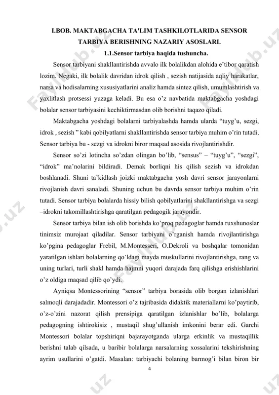 tqning o’sishi bu bolaning qay darajada rivojlanishiga ham bog’liqdir. maktabgacha ta’lim yoshidagi bolalarni tarbiyalashda hamda ularda “tuyg’u, sezgi, idrok, sezish” qobilyatlarini shakllantirishda sensor tarbiya muhim o’rin tutadi. sensor tarbiyani qo’llashdan maqsad - maktabgacha tarbiya yoshdagi bolalarning har jabhada qobilyatlarini shakllantirish, o’stirish, yuksaltirishga qaratilgandir. ma’lumki, bolalarda idrok qilish sezish natijasida aqliy harakatlar , narsa va hodisalarning analiz hamda sentez qilish , umumlashtirish , yaxlitlash hodisasi yuzaga keladi. bu esa bilish qobilyatining zarur sharti hisoblanadi. sensor harakatlarning rivojlanishi darajasi bolaning qobilyatlari shakllanayotganida hamda muayyan bilimlarini va ayrim amaliy ko’nikmalarni egallash jarayonida muhim rol o’ynaydi. bolada ranglarni va shakllarni ajrata olish qobilyati shakllangan bo’lsa, tevarak –atrofdagi narsalarning xossalarini ko’ra oladi va his qiladi. bu esa bola biror voqeani tasvirlab aytib berishi, rasm chizishi , loydan nimalarnidir o’xshata olishi, qog’ozdan , matodan turli narsalar qirqishi – qurish – yasash ko’nikmalarini rivojlanishiga imkon beradi. shuni ta’kidlash joizki, sensor tarbiyaning protsesslari ayniqsa, ilk yosh davrida alohida …