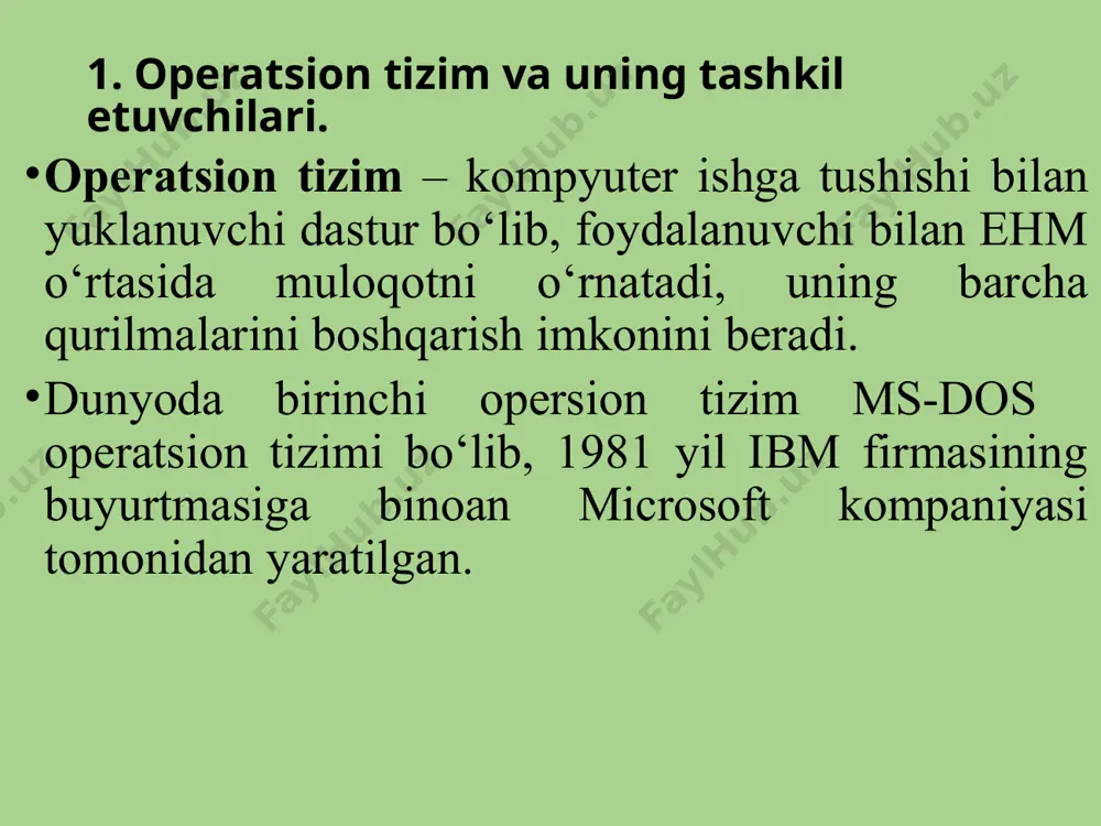 r bilan ishlash mexanizmlarini takomillashgan, shuningdek, yirik kompaniyalarda ko‘p sonli kompyuterlarni boshqarish va ularga xizmat ko‘rsatish imkoniyati mavjud. windows vista ilovalarni ishga tushirish uchun windows xp ga qaraganda 15% tezroq bo'ladi. windows vista windows xp ga nisbatan 2 marta tezroq ishga tushadi; operatsion tizim kutish rejimidan 2 soniyada chiqadi. windows vista operatsion tizimini o’rnatish uchun 15 daqiqa vaqt sarflaydi. windows 7 operatsion tizim 2009-yil 22-oktabrda sotuvga chiqdi. windows vistadadagi inkball va ultimate extras o'yinlari, windows mail, windows kalendar, microsoft agent texnologiyasi, windows meeting spacega o'xshash dasturlarga ega bo'lgan ilovalar windows 7 tizimidan chiqarib tashlandi. windows ot yutuqlari 1. qulaylik va qurilmani qo'llab-quvvatlash. 2. foydalanuvchi interfeysi. 3. shriftlarni masshtablashni qo'llab-quvvatlash. 4. multimediani qo’llab-quvvatlaydi. 5. bir paytda ko'p vazifalarni bajarish. 6. ma’lumotlar almashinuvi vositalari 23.09.2024 12 windows ot ning kamchiligi windows otning asosiy kamchiligi shundaki, windowsning tavsiflangan afzalliklariga kompyuterning apparat ta’minotiga yukni oshirish orqali erishiladi. windows uchun dasturlashning salbiy tomonlari ham bor. …