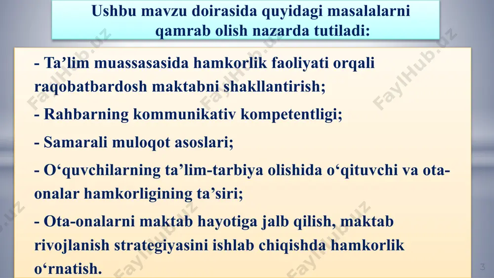qilish ko‘nikmalari maktabda yoki o‘quvchilarda yuzaga keladigan muammolarni ota-onalar bilan birgalikda hal qilish – menejerning muhim vazifasidir. ota-onalar bilan samarali ishlashda: - muammolarni to‘g‘ri aniqlash, - masalalarga aniq yechimlar taklif qilish, - ota-onalar bilan hamkorlikda yechimlarni amalga oshirish muhimdir. 12 12 jamoaviy ishlash ko‘nikmalari jamoaviy ishlash – bu maktab rahbari (direktori yoki menejeri) tomonidan o‘qituvchilar, texnik xodimlar, ota-onalar va boshqa manfaatdor tomonlar bilan hamkorlikda samarali ish yuritish ko‘nikmasidir. maktab – bu faqat rahbar emas, balki bir butun jamoaning yagona harakati bilan rivojlanadigan tizimdir. 13 13 nima uchun jamoaviy ishlash maktab rahbari uchun muhim? sabab tavsif ishonchli muhit yaratadi o‘qituvchilar va xodimlar o‘z fikrini erkin bildiradi, tashabbus ko‘rsatadi sifatli qarorlar qabul qilinadi har bir xodim o‘z tajribasi bilan qarorlar qabul qilishda ishtirok etadi mas’uliyat taqsimlanadi barcha sohalar bo‘yicha ishlar samarali tashkil etiladi yangi g‘oyalar paydo bo‘ladi jamoaning fikr almashinuvi innovatsion yondashuvlarni keltirib chiqaradi ishga motivatsiya oshadi har kim o‘zini jamoaning muhim …