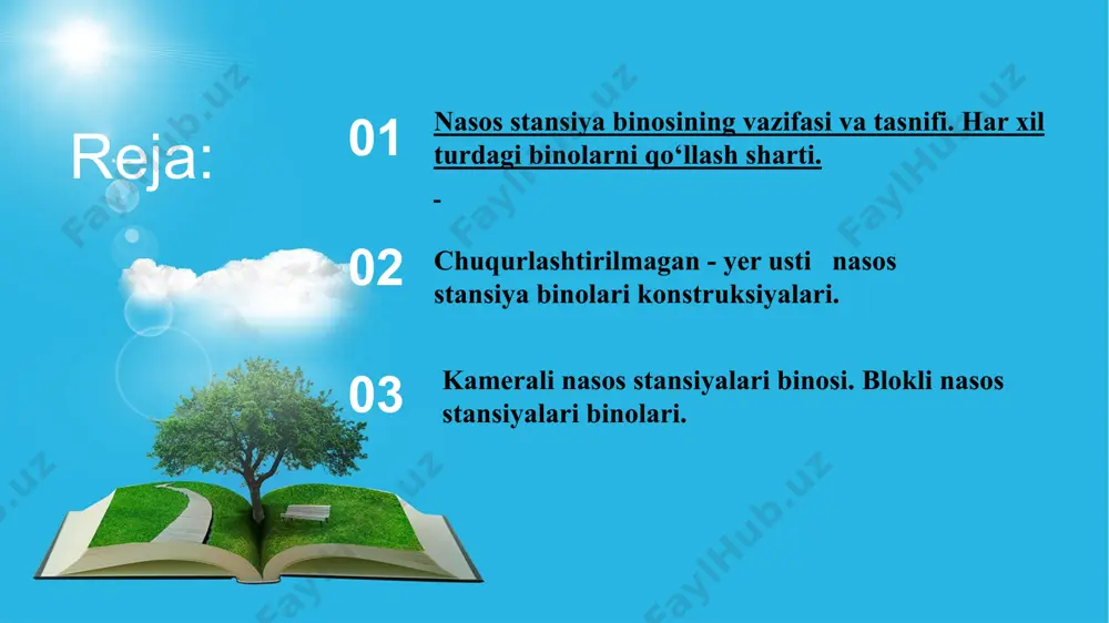 stiga quriladi va nasos agregatlari musbat so‘rish balandligi bilan o‘rnatiladi. suv sathi juda ko‘p (4-6 m va undan ortiq) o‘zgarsa, unda nasos stansiyasi binolari chuqurlashtirilib quriladi. nasos agregatlari manfiy so‘rish balandligi bilan o‘rnatiladi. chuqurlashtirilmagan - yer usti nasos stansiya binolari konstruksiyalari. yer ustida qurilgan nasos stansiyasi binolari, suvni, suv sathlari unchalik o‘zgarmaydigan ochiq suv manbalaridan oladi. o‘rnatilgan nasoslar musbat so‘rish balandligiga ega bo‘lganligi uchun, ularni maksimal suv sathidan ham yuqoriga joylashtirish mumkin. suv manbasining qirg‘oqlari tik va stansiya quriladigin joy mustahkam tuproqdardan tashkil topgan bo‘lsa, nasos stansiyasi binosi bilan suv olish inshooti birgalikda quriladi (66-rasm). 66-rasm. suv olish inshooti bilan birgalikda qurilgin yer usti (chukurlashtirilmagan) nasos stansiyasi binosi: 1 - avankamera; 2 - suv olish kamerasi; 3 - so‘rish quvuri; 4 – markazdan qochma nasos; 5 - bosim quvuri; 6 - stansiya binosi. nasos stansiyasi va suv olish inshooti alohida qurilgan holatda, nasos agregatlari, stansiya binosi umumiy poydevori bilan bog‘lanmagan …