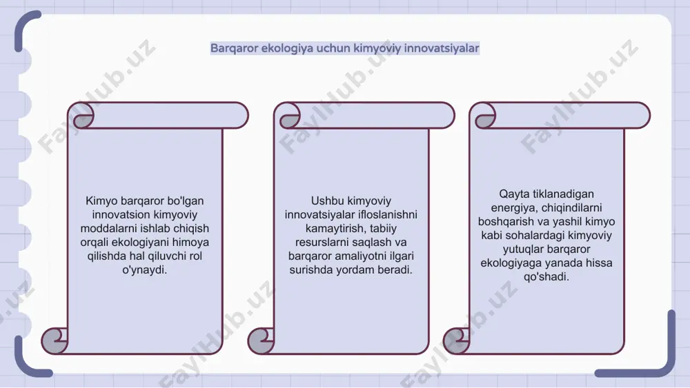 g ekotizimlarga ta'siri haqida tushuncha berish orqali ekologiyani himoya qilishda hal qiluvchi rol o'ynaydi. kimyoviy tahlil orqali olimlar iqlim o'zgarishi suv, tuproq va havo kimyosiga qanday ta'sir qilishini va uning ekologik jarayonlarga ta'sirini tushunishlari mumkin. bu bilimlar iqlim o'zgarishining atrof-muhitga salbiy ta'sirini yumshatish strategiyalarini ishlab chiqish uchun zarurdir. 1 2 3 ekologik xavflarni baholash va boshqarish uchun kimyoviy vositalar kimyo ekologik xavflarni baholash uchun kimyoviy vositalarni taqdim etish orqali ekologiyani himoya qilishda hal qiluvchi rol o'ynaydi. ushbu vositalar ifloslantiruvchi moddalarning ekotizimlarga ta'sirini baholashda va ularni boshqarish strategiyalarini ishlab chiqishda yordam beradi. atrof-muhitdagi ifloslantiruvchi moddalarni aniqlash va miqdorini aniqlash uchun spektroskopiya va xromatografiya kabi kimyoviy tahlil usullari qo'llaniladi. tabiiy resurslarni saqlashda kimyoning roli kimyo tabiiy resurslarni saqlashga hissa qo'shish orqali ekologiyani muhofaza qilishda hal qiluvchi rol o'ynaydi. turli xil kimyoviy jarayonlar orqali u ifloslanishni kamaytirishga va barqaror amaliyotlarni targ'ib qilishga yordam beradi. kimyo, shuningdek, atrof-muhitga salbiy ta'sirni kamaytiradigan ekologik toza materiallar …