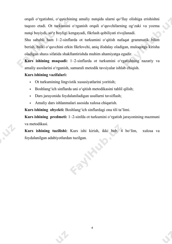 h malakasini shakllantirish maqsadida bajariladigan mashqlar asta murakkablashtira boriladi. til hodisasi sifatida otning xususiyatlari, uni o‘rganish vazifalari, o‘quvchilarning yosh xususiyatlarini hisobga olgan holda, har bir sinf uchun material hajmi, ularni o‘rganish izchilligi belgilangan. boshlang‘ich sinflarda otni o‘rganish vazifalari quyidagilar: 1) “ot” haqidagi grammatik tushunchani shakllantirish; 2) kim? so‘rog‘iga javob bo‘lgan (shaxs bildirgan) otlardan so‘rog‘iga javob bo‘lgan (narsa, hayvon, jonivor va boshqalarni gan) otlarni farqlash ko‘nikmasini hosil qilish; 3) kishilarning familiyasi, ismi, otasining ismi, hayvonlarga qo‘yilgan ornlar va geografik nomlarni bosh harf bilan yozish ko‘nikmasini shakllantirish; 4) otlarda son (otning birlik va ko‘plikda qo‘llanishi) bilan tanishtirish; 5) otlarni egalik qo‘shimchalari bilan to‘g‘ri qo‘llash ko‘nikmasini shakllantirish; 6) otlarning kelishiklar bilan turlanishi va kelishik qo‘shimchalarining yozilishi haqida malaka hosil qilish; 7) o‘quvchilar lug‘atini yangi otlar bilan boyitish va ulardan nutqda aniq, o‘rinli foydalanish malakasini o‘stirish; 8) so‘zlarni tahlil qilish, taqqoslash, umumlashtirishni bilish. bu vazifalarning har biri alohida etnas, balki bir-biri bilan o‘zaro bog‘liq …