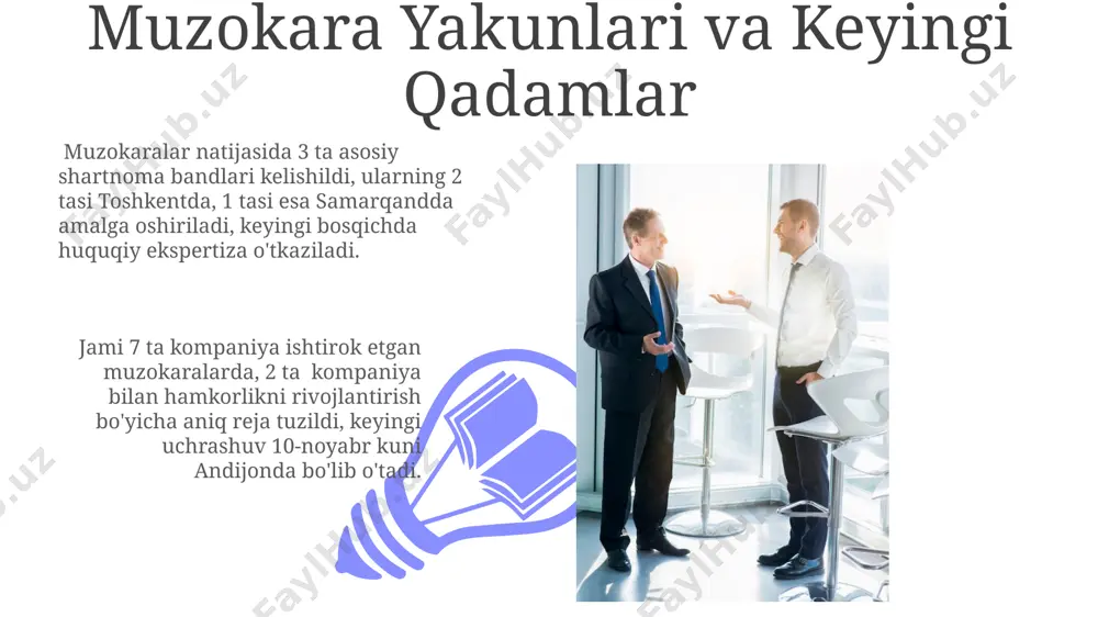 va belgilash mijozlar bilan muzokaralar jarayonida, masalan, toshkentdagi 3 ta yirik kompaniya bilan hamkorlikni yo'lga qo'yish uchun aniq va o'lchanuvchi maqsadlar, masalan, 2024 yil oxirigacha 1 million dollarlik shartnoma tuzish, belgilash zarur. samarqanddagi 5 yillik shartnoma muzokaralarida aniq maqsadlar, ya'ni 10% foyda olish va 2 ta yangi mijozni jalb qilish kabi aniq ko'rsatkichlarni belgilash muhim ahamiyatga ega. kompromiss va kelishuvga erishish toshkentdagi muzokaralarda 5 dan ortiq ishtirokchi bo'lganda, kelishuvga erishish uchun 2 bosqichli yondashuv, ya'ni avval kichik guruhlarda muhokama qilish va keyin yakuniy qaror chiqarish samarali bo'ladi. andijon viloyatida o'tkazilgan tadqiqotlar shuni ko'rsatdiki, muvaffaqiyatli kompromisslarning 75% aniq muddatlar va shartlarni belgilab olish bilan bog'liq. qiyin vaziyatlarni yengish 01 02 buxoroda 20 yillik tajribaga ega bo'lgan muzokarachilarning 80%i, murakkab vaziyatlarda, uchinchi tomon vositachisini jalb qilish strategiyasini samarali deb biladi. sales 1st qtr 2nd qtr 100 0 sales 1st qtr 2nd qtr 100 0 e'tiboringiz uchun rahmat @taqdimot_robot image4.jpg image5.jpg image6.jpg image7.jpg …