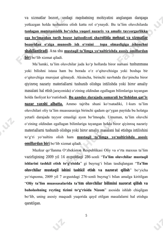 o‘llanmada “matematika o‘qitish metodikasi” fanini o‘qitishda:  ta’lim oluvchilarni mustaqil fikrlashga va mustaqil bilim olishga o‘rgatishda mustaqil ta’limni o‘rnining asosiy shakllari, vositalari, uning mazmuni;  mustaqil ishni amalga oshirishda ta’lim oluvchi bajarishi lozim bo‘lgan vazifalari;  mustaqil ta’limni tashkil etish metodikasi;  mustaqil ishni bajarish bo‘yicha maslahatlarni tashkil etish, ularni nazorat qilish va baholash tartibi bayon etilgan. qo‘llanmani tayyorlash jarayonida o‘z qimmatli maslahatlarni bergan pedagogika fanlari doktori, professorlar: m.tojiev, b.abdullaeva, pedagogika fanlari doktori b.xodjaev, fizika-matematika fanlari doktori, professor k.beshimov, fizika-matematika fanlari nomzodi, dotsentlar: t.f.jo‘raev, d.davletov, ped.f.n., dotsentlar: a.axlimirzaev, m.nosirova, a.jalilov, g. g‘oyibnazarova, a.akmalov, oo‘mtvqo‘mkhtr markazi bo‘lim boshlig‘i b.toshpo‘latovlarga mualliflar o‘z minnatdorchiligini bildiradi. metodik qo‘llanmadan barcha oliy o‘quv yurtlarida ta’lim olayotgan ta’lim oluvchilar, professor-o‘qituvchilar foydalanishi mumkin. qo‘llanma haqidagi bildirgan fikr-mulohozalaringiz uchun oldindan minnatdorchilik bildirgan holda ularni murod.barakayev.1958@mail.ru elektron pochta manziliga yuborishingizni so‘raymiz. mailto:murod.barakayev.1958@mail.ru 7 i . mustaqil ta’lim va uni tashkil etish zarurati "sen o‘zingni o‘zing majbur qila olmasang va o‘z …