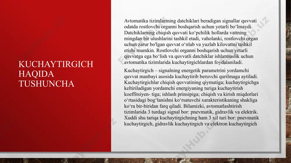 urilma. operatsion kuchaytirgich turli xil kontrollerlarda, analog signaldan raqamli signalga o’tishda va audio tizimlarida keng qo’llanadi. buning afzalligi shundaki, kuchaytirish koeffitsiyenti juda katta. harorat o’zgarishi kuchaytirish koeffitsiyentiga deyarli ta’sir qilmaydi. operatsion kuchaytirgichning umumiy ko’rinishi - musbat kuchlanish kirishi - manfiy kuchlanish kirishi - musbat quvvat ta’minoti - manfiy quvvat ta’minoti - chiqish kuchlanishi operatsion kuchaytirgichni lm741 da misol tariqasida ko’rib chiqamiz lm741 elektron kuchaytirgichi lm741 ning umumiy ko’rinishi 1-rasmda ko’rsatilgan. 2-rasmda uning pinlari qaysi tartibda ulanishi ko’rsatilgan. bunda 2 va 3 mos ravishda manfiy va musbat kirishlar, 4 va 7 mos ravishda quvvat manbayining musbat va manfiy ulanish qismlari, 6 chiqish, 1 va 5 bo’sh holatda qoldiriladi. kuchaytirish koeffitsiyentini o’zgartirish agar operatsion kuchaytirgichning kirish qismiga bitta resistor ulab unga qayta aloqa tariqasida 2-rezistorni ulasak, kuchaytirgichning kuchaytirish koeffitsiyentini boshqarishimiz mumkin bo’ladi: ishlatilish sohalari operatsion kuchaytirgich elektronikada keng qo’llaniladi. misol tariqasida quyidagilarni ko’rishimiz mumkin: raqamli analog o’zgartkich differensiallovchi zanjir integrallovchi zanjir impuls …