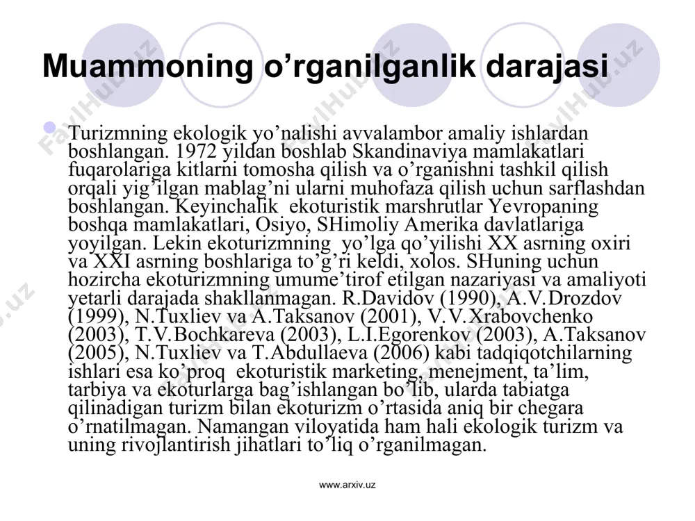 matn qismi bet. ishda ta karta, ta rasm, ta jadval va ta ilova keltirilgan. ishning kirish qismida mavzuning dolzarbligi, maqsad va vazifalari, tadqiqot obe`kti va predmeti, ilmiy va amaliy ahamiyati bayon etilgan. birinchi bob «ekologik turizmning nazariy va metodologik asoslari" deb nomlanib, unda ekoturizmni ilmiy va amaliy yo’nalish sifatida o’rganish bo’yicha mavjud ilmiy ishlanmalar tahlili, ekoturizm turlari va tarkibiy qismlari, ekoturizmning tasniflanishi keltirilgan. ikkinchi bob “namangan viloyatida ekoturistik rayonlar va marshrutlar”deb nomlanadi. unda ekologik turizmning tabiiy geografik jihatlari, namangan viloyati tabiatining ekoturistik imkoniyatlari, namangan viloyati hududining ekoturistik rayonlari, ekoturistik rayonlarda marshrutlarko’rsatib o’tilgan. xulosada ishning mazmun va mohiyatidan kelib chiqib, umumiy holati, ilmiy-amaliy taklif va tavsiyalar berilgan. www.arxiv.uz www.arxiv.uz * ekoturizmni ilmiy va amaliy yo’nalish sifatida o’rganish bo’yicha mavjud ilmiy ishlanmalar tahlili “turizm” va “turist” so’zlari ilmiy adabiyotda xviii asr oxirlarida paydo bo’ldi. u frantsuzcha “tour” — sayohat so’zidan kelib chiqqan bo’lib, birinchi marta buyuk britaniyadagi yoshlar kontinentga o’qishga ketgan vaqtidan …
