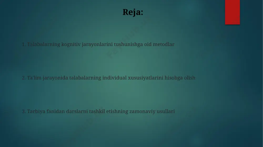 ni qo'llash tavsiya etiladi. samarali o'qitish strategiyalari o'quvchilarning kognitiv rivojlanish bosqichlarini (pyaženin nazariyasi bo'yicha) hisobga olgan holda, dars materiallarini 3 ta asosiy qismga (taqdimot, amaliyot va mustahkamlash) bo'lish orqali samaradorlikni oshirish mumkin. samarali o'qitishda 5 ta sezgilarni birgalikda qo'llash, masalan, vizual, auditoriy va kinestetik usullarni birlashtirish orqali o'quvchilarning turli xil o'rganish uslublarini hisobga olish muhim ahamiyatga ega. tarbiya darslarini rejalashtirish va tashkil etish tarbiya darslarini rejalashtirishda o'quvchilarning kognitiv rivojlanish bosqichlarini (pijeniy nazariyasi bo'yicha 4 bosqich) hisobga olish va har bir bosqichga mos didaktik vositalarni qo'llash samaradorlikni oshiradi. differensial ta'lim tamoyillariga asoslangan holda, kamida 3 ta turdagi o'quv topshiriqlari (individual, juftlik, guruh)ni har bir darsga kiritish orqali o'quvchilarning turli o'rganish uslublarini hisobga olish mumkin. kognitiv rivojlanish bosqichlari kognitiv rivojlanish davomida ishlaydigan xotira hajmi va tezligi yoshga qarab o'zgarib boradi; masalan, 7 ± 2 birligini qisqa muddatli xotira chegarasi sifatida ko'rsatish mumkin, bu esa maktab yoshidagi bolalarning ma'lumotlarni qayta ishlash qobiliyatini tushunish …