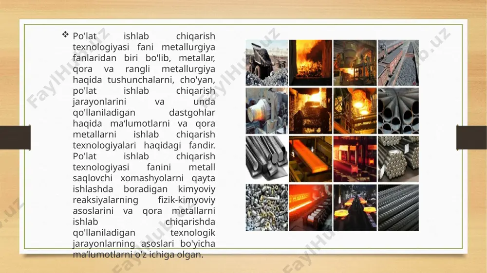 hli оrttirmasi ajratiladi. asbobsozlik po'latlar deb, turli xii asboblar (kesish, o'lchash asboblar, shtamplar) tayyorlashda ishlatiladigan, yuqori qattiqlikka (60-65 hrc), chidamlilikka va yeyilishga chidamlilikka ega bo'lgan uglerodli va asbobsozlik po'latlarga aytiladi. ishlash sharoitiga qarab bunday po' latlarga quyidagi talablar qo'yiladi: kesish asboblari (keskichlar. parma lar, metchiklar, frezalar va hokazolar) uchun mo’ljallangan po'latlarning qattiqligi, yeyilishga va issiqqa chidamliligi yuqori bo' lishi kerak, shtamplar (sovuqlayin va issiqlayin deformatsiyalanadigan) uchun mo'ljallangan po'latlarning mexanik xossalari yuqori bo'lib. yuqori temperaturalarda ham o'zgarmasligi darkor. qizdirib shtamplanadigan po'lat sirtida ko'p marta qizdirish va sovitish natijasida darzlar paydo bo'lmasligi kerak. asbobsozlik po' latl arida uglerodning miqdori 0,7% va undan yuqori bo‘ladi. ular o' zining qattiqligi, mustahkamligining yuqoriligi bilan ajralib turadi, asboblar va shtamplar tayyorlashda foydalaniladi. sifatiga ko’ra po'latlar sifatli va yuqori sifatli po'latlarga bo'linadi. goct 1435-74 ga muvofiq y7, y8, ys[ , y9, yl 0, yi 1, yl2, yl3 markasi sifatli; y7a, y8a, y8ga , y9a, yl0a, yl i …