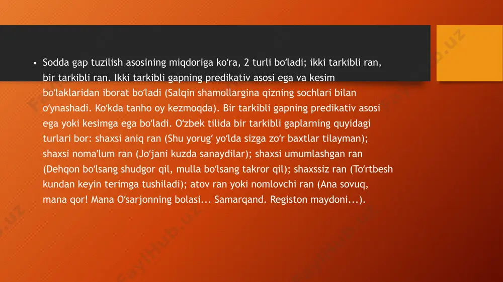 igi tamoyillariga tayangan holda o‘zbek tili gap qurilishi talqinida rus tili ichki qurilishiga xos qonuniyatlarga ustuvorlik berib, tobelikning turkiy tillarga xos “o‘ngdan chapga” ko‘rinishini e’tibordan chetda qoldirdi. oqibatda, boshqa gap bo‘laklari (“chapdan o‘ngga”) kesimga va faqat kesim egaga (“o‘ngdan chapga”) tobelanishi haqidagi mantiqiy-grammatik qonuniyat “hukmronligi” vujudga keldi. bu esa gapni baholash markazida ega turishi haqidagi nazariyaga tayanishlarida ko‘zga tashlanadi. sodda gaplarda eganing bosh bo‘lakka ishora orqali tiklash mumkin yoki mumkin emasligiga ko‘ra sodda gaplar ikki turli bo‘ladi (ot markazli gaplar ham, fe`l markazli gaplar ham): a) ikki tarkibli gaplar; b) bir tarkibli gaplar. ikki tarkibli sodda gaplarda kesim tarkibidagi shaxs/son ko‘rsatgichlari asosida gapning egasi tiklanishi mumkin: yozdim → men yozdim. yuvdi → u yuvdi. bunda [w] – kesimning, gap kesimining atash, lug‘aviy ma’no bildirishga xizmat qiladigan qismi bo‘lib, mustaqil so‘z turkumiga oid bo‘lgan, ya`ni kesim vazifasida kela oladigan so‘zga, so‘z birikmasiga, kengaytirilgan birikmalar (sifatdosh, ravishdosh, harakat nomlari oborotlari)ga teng kelishi …