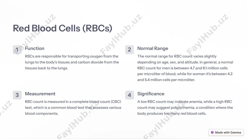 , platelets adhere to the damaged area and release substances that promote clotting. 3 normal range the normal platelet count is typically between 150,000 and 450,000 platelets per microliter of blood. https://gamma.app/?utm_source=made-with-gamma hematocrit definition hematocrit measures the percentage of red blood cells in a sample of blood. normal range the normal hematocrit range for men is between 40% and 54%, while for women it's between 36% and 46%. interpretation a low hematocrit can indicate anemia, while a high hematocrit may suggest polycythemia. https://gamma.app/?utm_source=made-with-gamma hemoglobin 1 function hemoglobin is a protein found in red blood cells that carries oxygen throughout the body. 2 measurement hemoglobin levels are measured in grams per deciliter of blood. 3 normal range the normal hemoglobin range for men is between 13.5 and 17.5 grams per deciliter, while for women it's between 12 and 15.5 grams per deciliter. https://gamma.app/?utm_source=made-with-gamma mean corpuscular volume (mcv) definition average volume of …