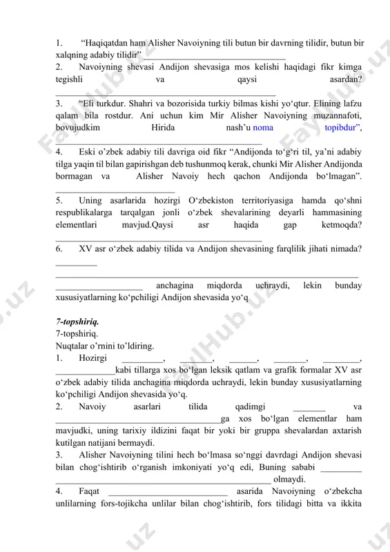 ha unlilarning fors-tojikcha unlilar bilan chog‘ishtirib, fors tilidagi bitta va ikkita «vov» (ﻮ ), »yoy» (ﻯ ) ga nisbatan o‘zbek tilida 4 tadan tovush mos kelishi haqidagi fikri orqaligina yuqoridagi unlilarning til oldi va til orqa xususiyatlariga qarab farqlanganligini bilamiz. 1. alisher navoiy samarqandda ikki yil emas, balki 4-5 yil bo‘lgan. samarqandning janub tomonlaridagina emas, balki uning sharq tomonlarida, ya’ni andijon tomonlarida ham bo‘lganligi ehtimol. o‘sha davrdagi shahar shevalari ichida andijon shevasi adabiy tilga yaqin (qalam bila rost) shevalardan biri bo‘lgan va samarkand shevasi esa, o‘sha paytda temuriylar davlatining poytaxtlaridan birining shevasi va sharqiy shevalardan biri sifatida hirot shevasiga nisbatan andijon shevasiga ancha yaqin bo‘lgan bo‘lishi mumkin. shuningdek, o‘sha davrda andijon va samarqandning aloqalari ham ancha kuchli bo‘lgan. alisher navoiy andijon shevasi bilan ham bolalik vaqtlaridanoq, o‘sha hirotdayoq tanisha boshlagan bo‘lishi mumkin. chunki hirotga avdijon tomondan juda ko‘p ustalar, navkarlar, kosiblar va boshqa toifalarning borganligi, ular ichida ayniqsa, andijonlik shoirlar …