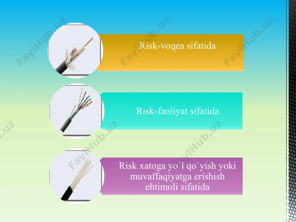 i korxona emission faoliyatida (aksiya va obligatsiyalar emissiyasi boʻyicha), uning dividend siyosatida, qisqa muddatli moliyaviy qoʻyilmalarida va ba’zi boshqa moliyaviy operatsiyalarida koʻzga tashlanadi. valyuta riski. bu risk turi tashqi iqtisodiy faoliyatda oʻziga xos boʻlgan korxonalarda (xomashyo, materiallar, yarim tayyor mahsulotlar import qiluvchi hamda tayyor mahsulot eksport qiluvchi korxonalarda) kuzatiladi. valyuta riski korxona tashqi iqtisodiy operatsiyalarida foydalaniladigan xorijiy valyuta ayirboshlash kursining oʻzgarishi bevosita ta’siri natijasida kutilgan daromadlarning va bu operatsiyalardan kutilgan pul oqimlarining toʻliq olinmasligida koʻrinadi. bunda xomashyo va materiallar importi boʻyicha mos xorijiy valyuta ayirboshlash kursining milliy valyutaga nisbatan oshishidan korxona yutqazadi. bu kursning pasayishi tayyor mahsulot eksporti boʻyicha korxona moliyaviy yoʻqotishiga sabab boʻladi. depozit riski. bu risk depozit omonatlarining qaytmasligi (depozit sertifikatlarining qoplanmasligi) mumkinligida aks etadi. depozit risklari nisbatan kutilmaganda va korxona depozit operatsiyalarini amalga oshirish uchun tijorat bankini notoʻgʻri baholash hamda muvaffaqiyatsiz tanlash bilan bogʻliq hollarda uchraydi. depozit riskining yuzaga kelish holatlari rivojlangan mamlakatlar amaliyotida kamdan-kam holatlarda uchraydi. …