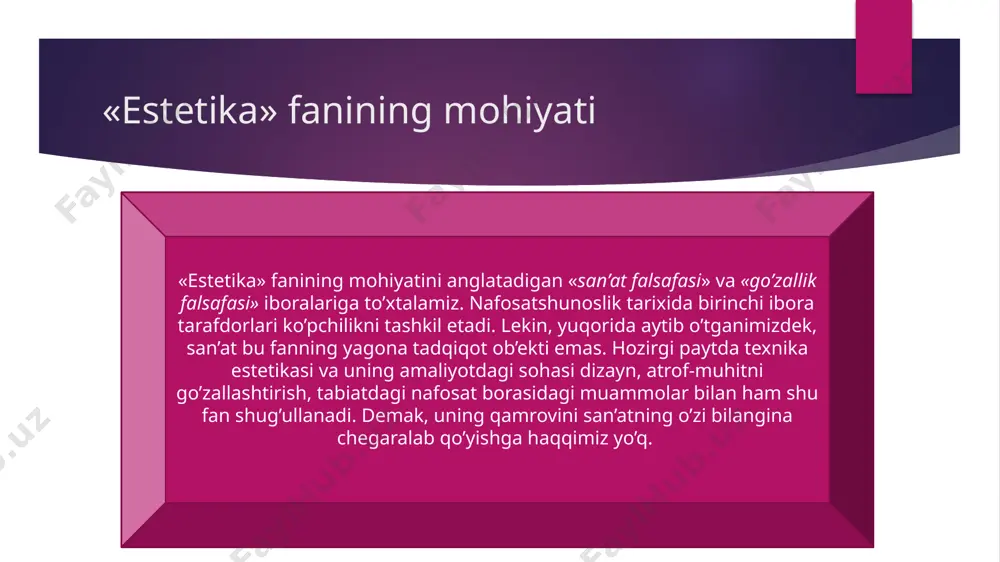ilan izohlaydi. uning fikriga ko’ra, mutlaq xunuklik yo’q, balki nisbatan mukammal tuzilmaga va mutanosiblikka ega narsalardan shakliy ojizligi, shaklsizligi bilan farq qiladigan narsalar bor, xolos. rus mumtoz nafosat falsafasi bu davrga kelib rossiyada ham falsafiy tafakkur yuksak darajaga ko’tarildi, rus san’ati ham mislsiz taraqqiyotga etishdi. shu bois xix asr oxiri va xx asr boshlarida rus tafakkurini tom ma’noda mumtoz deb atash mumkin. ana shu mumtoz tafakkurning etakchi vakillaridan biri – shoir, ilohiyotchi, faylasuf vladimir sergeevich solovyovdir (1853-1900). solovyov go’zallikni o’zining ziddidan, ya’ni xunuklikdan (go’zal insoniy vujud xunuk embriondan vujudga kelganidek), bir-biriga qarama-qarshi ikki ibtido – modda va nurning o’zaro birikuvidan tug’iladi deb hisoblaydi. jadidchilikdan keyingi davrlar o’zbek estetikasi estetika falsafiylikdan ko’ra, targ’ibotchilik bilan shug’ullandi, mafkuraviy, soxta fanga aylandi. yangi nazariy fikrlar o’rtaga deyarli tashlanmadi. umumjahoniy estetik nazariyalarning hammasiga «reakstion burjua estetikasi» degan yorliq yopishtirilib, ulardan foydalanish ta’qiqlandi, faqat «tanqidiy yondashib», ularni inkor etish lozim edi. estetik tafakkur tarixi ham xuddi …