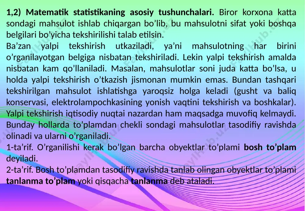 olib diametrlarni o’lchash bilan sonlarni hosil qilamiz. bu sonlar orqali  tasodifiy miqdor taqsimot funksiyasini, matematik qutilishi va dispersiyasini taqriban ifodalaymiz. hosil qilingan natijaga asosan qapqoq ishlab chiqarish muayyan normada yoki jihozlarni sozlash (tartibga solmoq, boshqacha tashkil qilmok, yo’lga qo’ymoq) haqida xulosaga kelamiz. ixtiyoriy haqiqiy son uchun, orqali (1) tanlanmaning tengsizlikni qanoatlantiruvchi xi sonini belgilaylik. demak, haqiqiy sonlar o’qida aniqlangan funksiyani hosil qildik. 3-ta’rif. funksiyaga tanlanma taqsimotining funksiyasi yoki  tasodifiy miqdor taksimotining empirik funksiyasi deyiladi ( funksiya tajribadan olingani uchun empirik deyiladi). bu funksiya  tasodifiy miqdor taqsimotining funksiyasini taqriban ifodalaydi. empirik funksiya grafigi 1-chizmada tasvirlangan. yuqoridagi misolda empirik funksiyaning asosiy xususiyatlari ravshan bo’ladi. nazariy funksiyaga o’uxshash empirik funksiya ham kamaymaydi, hamda uning qiymatlari [0, 1] kesmadan chiqmaydi. lekin empirik funksiya hamisha zinapoyasimon bo’lib, bu zinapoyalar kuzatilgan qiymatlarga mos keladi, ya’ni empirik funksiya uzilish nuqtalari (1) ketma-ketlik nuqtalarida bo’ladi. bunda «zinapoya» miqdori belgining kuzatilgan soniga bog’liq. 2.3)poligon va gistogramma. …