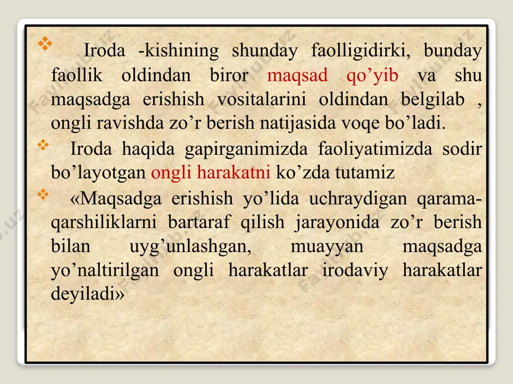 iyatidan deb tushunsa, bunday psixologik voqyelik nazoratning internal (ichki) lokallashuvi mavjud ekanligini bildiradi. nazoratning ichki lokallashtirishiga xos insonlar maqsadga erishish yo’lida mas’uliyat yoki javobgarlik his etadilar, o’zini o’zi tahlillash imkoniyatiga egadirlar. ijtimoiy tarbiya jarayonida shaxsda lokallashtirishning har ikkala (eksternal, internal) turini shakllantirish tufayli uning mustahkam shaxsiy fazilatiga aylantirish mumkin www.arxiv.uz tavakkalchilik irodaning o’ziga xos ko’rinishlari shaxsning tavakkalchilik vaziyatidagi xatti-harakatida ro’yobga chiqadi. o’ziga mahliyo qiluvchi maqsadga erishish yo’lida xavf-xatar, yo’qotish daxshati, muvaffaqiyatsizlik unsuri bilan ham hamohang, ogoh dadil harakat tavakkalchilik deyiladi. tavakkalchilikda muvaffaqiyat bilan muvaffaqiyatsizlik kutilmasi ehtimoli yotadi. psixologik manbalarda ko’rsatilishicha, tavakkalchilik harakatini amalga oshirishning o’zaro uyg’unlashgan ikkita sababi mavjudligi qayd qilib o’tiladi. qarorga kelishning birinchi sababi-bu yutuqqa umidvorlik muvaffaqiyatga erishilganda kutilishi ehtimol qiymatning mag’lub oqibati ko’rsatgichidan yuksakroq bo’lishiga ishonchdir. tavakkalchilikning ikkinchi sababi xatti-harakatning xavfli yo’lini afzal bilgan xulq-atvorda ko’zga tashlanadi. shaxsdagi tavakkalchilikni riskometr deb ataluvchi maxsus asbobda o’lchab ko’rish mumkin www.arxiv.uz iroda aktining tuzilishi insonning miyasida tug’iladigan maqsadga erishish tufayligina …