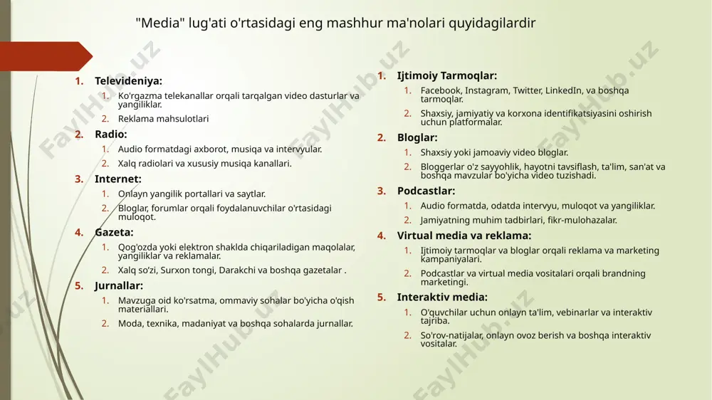 rni chiqarib beradi. skrinshotlar orqali qidiruv berib, shunga o‘xshash videolarni qidirib ko‘rish mumkin bo‘ladi. invid servisi orqali esa turli platformalardan yuklangan videolar haqida to‘liq ma'lumot olish mumkin. u video internetga yuklangan paytdan boshlab “bosib o‘tgan yo‘l”ini ko‘rsatadi. videoni ko‘rishda mashina raqamlari, mayda yozuvlar, odamlarinng ust-boshi, binolar holatiga diqqat qaratish orqali ham videoga ishlov bergan-berilmaganini aniqlash mumkin. foydalanilgan adabiyotlar ro’yxati 1. s.sulаymаnоvа. o’zbеkistоn mеdiаtа’lim tаrаqqiyot yo’lidа. o’quv qo’llаnmа. extremum-press, 2015.-94.6 2. 2.yaхyo muхаmmаd аmin. intеrnеtdаgi tаhdidlаrdаn himоya. yordаmchi o’quv qo’llаnmа. movarounnahr, 2016.-672 b 3. 3.федров а.в. медиаобразование и медиаграмотность: учебное пособие - m. 2013. 4. mеdiа vа ахbоrоt sаvоdхоnligini shаkllаntirishning pеdаgоgik jihаtlаri. o’quv-аmаliy qo’llаnmа. - extremum-press, 2017.-142.6 ziyonet.uz wikipedia e’tiboringiz uchun rahmat! image1.gif image2.gif image3.jpeg image4.gif image5.png image6.jpeg image7.jpeg image8.jpeg