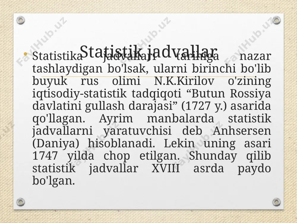 qilish va uning ma'lumotlari asosida kerakli hulosalar chiqarish mumkin. jadval ma'lumotlarini tahlil qilishni umumiy jamlar yoki o'rtachalardan boshlash yahshi, chunki oldin to'plam bo'yicha umumiy ifodani olib, keyin, uning bo'laklari, ya'ni qator va ustunlarini o'rganishga o'tiladi. bu bilan, birinchi navbatda, jadvalning eng muhim elementlari tahlil qilinadi, keyin esa qolganlari. grafiklar zamonaviy statistikaning ilmiy o'rganish qurollaridan biri hisoblanadi va hozirgi kunda birorta ma'ruzani yoki ommaviy chiqishlarni, taqdimotlarni, gazeta , jurnallarda chop etiladigan maqolalarni, televizordagi mahsus eshittirishlarni va hatto reklama industriyasini statistik grafiklarsiz tassavur ham qilib bo'lmaydi. ingliz iqtisodchisi u.pleyf 1786 yilda chop qilgan «tijorat va siyosiy atlas (kommercheskiy i politicheskiy atlas)» asarida birinchi bo'lib statistik ma'lumotlarni grafiklarda tasvirlanishiga asos solgan olimlardandir. statistik grafiklar – bu raqamli miqdorlar va ularning nisbatini nuqta, chiziq, figura va boshqa geometrik shaklda shartli tasvirlanishidir. statistik grafiklarni tuzishda va ifodalashda quyidagi talablarga rioya qilish lozim. statistik ko'rsatkichlarning moqiyatini, makon va zamonda o'zgarishini, shuningdek boshqa belgilarini e'tiborga olgan qolda …