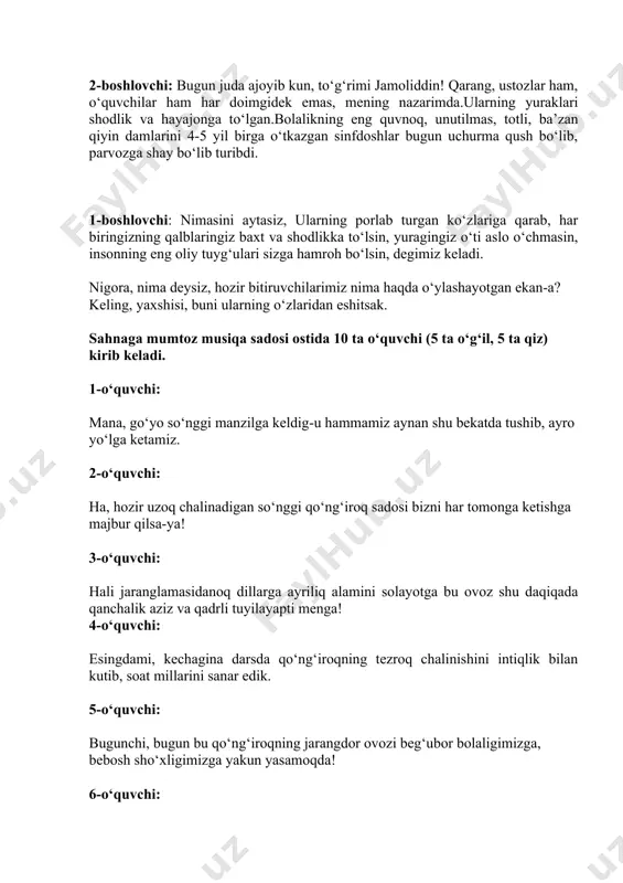 kan-a? keling, yaxshisi, buni ularning o‘zlaridan eshitsak. sahnaga mumtoz musiqa sadosi ostida 10 ta o‘quvchi (5 ta o‘g‘il, 5 ta qiz) kirib keladi. 1-o‘quvchi: mana, go‘yo so‘nggi manzilga keldig-u hammamiz aynan shu bekatda tushib, ayro yo‘lga ketamiz. 2-o‘quvchi: ha, hozir uzoq chalinadigan so‘nggi qo‘ng‘iroq sadosi bizni har tomonga ketishga majbur qilsa-ya! 3-o‘quvchi: hali jaranglamasidanoq dillarga ayriliq alamini solayotga bu ovoz shu daqiqada qanchalik aziz va qadrli tuyilayapti menga! 4-o‘quvchi: esingdami, kechagina darsda qo‘ng‘iroqning tezroq chalinishini intiqlik bilan kutib, soat millarini sanar edik. 5-o‘quvchi: bugunchi, bugun bu qo‘ng‘iroqning jarangdor ovozi beg‘ubor bolaligimizga, bebosh sho‘xligimizga yakun yasamoqda! 6-o‘quvchi: eh, qanchalar ta’sirli sado bu! yuraklarni junbushga keltirib, qalblarga titroq soladi. hatto ko‘zlarda yosh qalqiydi uning zarbidan! 7-o‘quvchi: eh, bu jarangdor qo‘ng‘iroq qanchalab bitiruvchilarga omad, baxt-iqbol tilagan ekan-a! 8-o‘quvchi: qanchalar sinfdosh do‘stlaring ko‘ngliga g‘amgin, ammo totli hislar armug‘on etgan ekan-a! musiqa biroz ko‘tarilib, bolalar biroz g‘amgin, tinch turishadi. 9-o‘quvchi: e, anovi qizaloqqa qarang! qo‘lidagi …