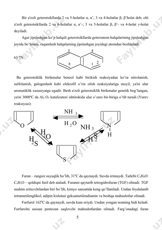 slota gidrazidi) (vitamin b6) pp-vitamini β–nikotin kislotaning amidi bo’lib, pellagra kasaligini, izoniazid esa sil kasalligini davolashda ishlatilinadi. vitamin b6 ham piridinning hosilasi bo’lib, organizmda u fermentativ oksidlanishqaytarilish jarayonlarda katta vazifani bajaradi. ikki geteroatomli 5 va 6 a'zoli geterotsikllarning eng muhim vakillari imidazol va pirimidinlardir. skatol bu birikmalarning hosilalari muhim biologik faol birikmalardir. imidazol va pirimidin yadrolari oqsil tarkibiga kiruvchi tabiiy aminokislotalar, vitaminlar, alkaloidlar va nuklein kislotalar tarkibiga kiradi. furan, tiofen va pirrol olishning eng muhim usullaridan biri ularni 1,4-dikarbonilli birikmalardan suvni tortib olish orqali hosil qilish hisoblanadi. furan hosil bo’lishida karbonil guruhidagi nukleofil kislorod atomi ikkinchi karbonil guruhidagi elektrofil uglerod atomiga xujum qiladi. bu jarayon kislota xususiyatiga ega bo’lgan katalizatorlar ishtirokida oson boradi. hosil bo’lgan oraliq birikmalardan suv va proton chiqib ketishi natijasida furan halqasi hosil bo’ladi: tiofen hosil bo’lishi ham yuqoridagiga o’xshash sodir bo’ladi. bunda dastlab karbonil guruhidan bir kislorod atomi fosfor pentasulfid ta’sirida oltingugurt bilan almashinib, ion guruhi …