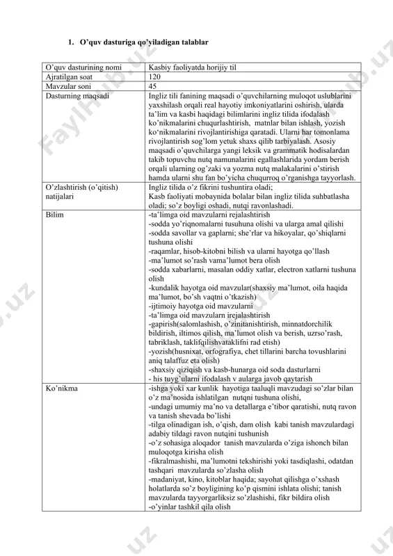 , grammatik mashqlar bajarish 2 a 5 quantity ushbu turkum haqida ma’lumot berish, mashqlar bajarish. 2 a 6 nouns ingliz tilida ot xaqida ma’lumot berish, ot ma’nosi va qo’llanishi, huhusiyatlari. mavzuga oid matnlar tuzish, grammatik mashqlar bajarish. 2 a 7 articles artiklar haqida ma’lumot berish, slayd asosida tushuntirish, kichik guruhlarda ishlash 2 a 8 adjectives ingliz tilida sifatlarni o’rganiladi, guruhlarda kichik guruh tashkil etiladi, savol javob o’tkaziladi, metodlardan foydalaniladi. 2 a 9 modal verbs modal fe’llar haqida tushuncha beriladi, ko’p qo’llaniladigan iboralar bilan tanishtiriladi, mashqlar bajariladi, savol javob qilinadi, kichik guruhlarda ishlanadi, slayd ko’rsatiladi. 2 a 10 time and conditional clauses yangi mavzu bilan tanishtiriladi, yangi sozlar o’rganiladi. mavzuga oid , grammatik mashqlar bajarish. 2 a 11 infinitive/gerund mavzu haqida ma’lumot berish, ishlatilishi. mavzuga oid grammatik mashqlar bajarish. 2 a 12 passives majxul nisbat haqida ma’lumot berish. majhul nisbatning yasalishi va ishlatilishi. majhul nisbatning zamonlarda qo’llanilishi. mavzuga oid grammatik mashqlar …