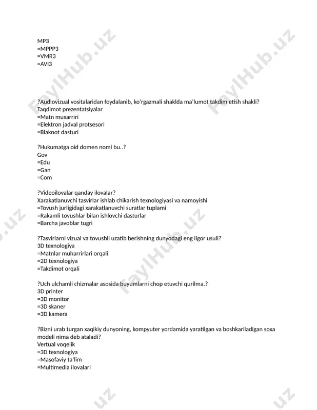 audio kolonkalar tizimi =o’zaro bog’liq lokal tarmoqlar tizimi =o’zaro bog’liq bo’lgan mahalliy telekommunikatsiya tarmoqlari tizimi ?elektron pochta:? kompyuter tarmoqlarida xatlar almashish =qidiruv dasturi =pochta serveri nomi =matn muharriri dasturi ?http protokoli quyidagilar uchun xizmat qiladi:? gipermatnli uzatish va ko’rsatish =fayl uzatish =xabarlarni boshqarish =dasturni uzoqdagi kompyuterdan ishga tushirish ?mahalliy tarmoqni tashkil qilish uchun kompyuter tarmog’ining qaysi tarkibiy qismlari talab qilinadi? modem, server kompyuter =tarmoq kartasi, tarmoq dasturi =server kompyuter, ish stantsiyalari, =aloqa liniyalari, tarmoq kartasi, tarmoq dasturlari ?web-sahifalarni ko’rish uchun quyidagilar mo’ljallangan:? brauzerlar =pochta tizimlari =telekonferentsiya =provayderlar ?kompyuterlarni ulash sxemalaridan qaysi biri yopiq zanjir hisoblanadi? halqa =shina =yulduz =daraxt ?fayllarni tarmoq orqali uzatish uchun qaysi protokol ishlatiladi ...? ftp =pop3 =http =cmpt ?to’g’ri elektron pochta manzilini tanlang:? ivan_petrov@gmail.com =ivanpetrov @ pochta =ivan_petrov.gmail.com =ivanpetrov.gmail.com ?internetga ulangan kompyuterda … bo’lishi kerak? ip-manzil =url; =web sahifasi; =domen nomi; ?tarmoqdagi kompyuterning to’g’ri ip-manzilini tanlang? 108.214.198.112 =18.274.198.0 bet =1278.214.198 =10,0,0,1225 ?tarmoqdagi barcha kompyuterlar markazga ulangan …