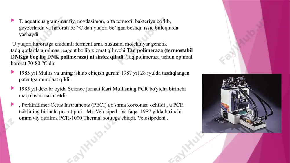 ya aralashmasida nonspesifik bog'lanish jarayonlari, reaktsiya komponentlarini asossiz iste'mol qilish va sezgirlikni yo'qotish sodir bo'ladi. primerlarni dnk zanjiriga bog'lash (tavlash) hududi primerni tanlash mezoni sifatida qabul qilingan mikroorganizmlarning tur o'ziga xosligi doirasidagi mutatsiyalar zonasida bo'lmasligi kerak . bunday hududga kirganda, primerning tavlanishi sodir bo'lmaydi va noto'g'ri salbiy natija ehtimoli ortadi. 3. taq polimeraza ( termostabil dnk polimeraza ). taq polimeraza escherichia dnk polimerazasining gomologidir coli bu ferment dnk polimeraza va 5'-3' ekzonukleaza faolligiga ega, bu uni pcr uchun ajralmas qiladi. c 832 ta aminokislota qoldig'idan iborat . hozirgi vaqtda taq polimerazadan tashqari, boshqa termofillardan, pyrococcus dan ajratilgan termostabil dnk polimerazalari qo'llaniladi. furiosus ( pfu polimeraza), pyrococcus woesei ( pwo polimeraza), termus termofil ( tth polimeraza) va boshqalar. deoksinukleotid trifosfatlar aralashmasi ( dntps ) . ular pcrning "qurilish bloklari" deb ataladigan qurilish materialini ifodalaydi, undan taq polimeraza dnkning ikkinchi zanjirini yaratadi. - deoksiadenozin trifosfat ( datp ), - deoksiguanozin trifosfat ( …
