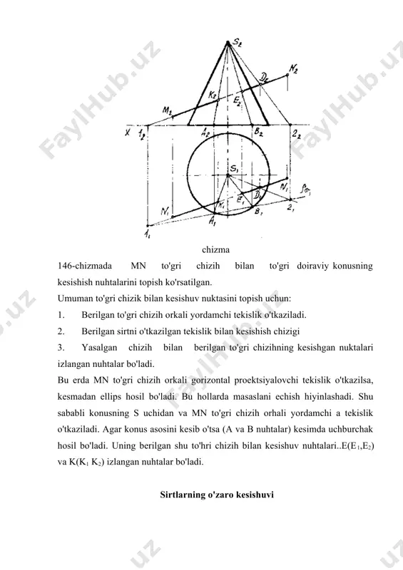 )- chizmada aylanish o'hlari sfera markazidan o'tib biror proektsiya tekisligiga parallel aylanish sirtining markazi shu o'hlarda joylashgan sfera bilan kesishuv chiziklari ko'rsatilgan. yordamchi kesuvchi sferalar usuli kesishuv chizigini yasash uchun kuyidagi xollarda ishlatiladi. 1. kesisishuvchi sirtlarning ikkalasi ham aylanish sirti. 2. aylanish sirtlarining o'klari o'zaro kegishadi va shu nuhta yordamchi (kontsentrik) sfera markazlari deb kabul kilinadi. 3. sirtning o'hlaridan tashkil topgan tekislik, biror proektsiya tekisligiga parallel bo'lmogi lozim. 149 a)- chizmada aylanish konusi bilan aylani tsilindri kesishish chizigi yasash ko'rsatilgan. avval kesishish chizigiga tegishli eng yuhori 1 (11 , 12 ) va eng pstgi 2 (21 , 22 ) nuktalarni π π1 tekislik yordamida topiladi. oralih nuktalarni topish uchun berilgan sirtlatning kesushuvchi radiusi, r bo'lgan shar o'tkaziladi. bu shar tsilindrni m va n nuhtalari orhali o'tuvchi aydana bilgan, honusni yeh (e2f2) nuhta orhali o'tuvchi aylana bilan kesadi. bu aylanalar o'zaro kesishib 3 va 4 nuhtalarni hosil hiladilar. ikki sirtning o'zaro …