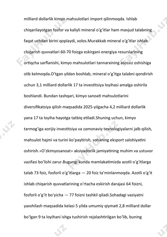a keng yoʻl ochadi. fizik kimyoviy analiza. kimyo va kimyotexnologiyaning barcha sohalarida, shuningdek, metallurgiya, geol.mineralogiya tadqiqotlarida va boshqalarda qoʻllanadi. fizik kimyoviy anliz usullariga quyidagilar kiradi: -spektral va boshqa o’ptik analiz modda bilan elektromagnit nurlaming ta’siri natijasida turli o‘zgarishlami o‘lchashga asoslangan (emission spektral analiz, atom-yutilish spektroskopiyasi, infraqizil nurlar spektroskopiyasi, spektrofotometrik analiz va boshqalar). -ajratish va konsentrlash analiz moddalarning ikki faza orasida taqsimlanishiga asoslangan (ekstraksiya, xromatografiya va hokazo). -elektrokimyoviy anliz elektrokimyoviy hodisalar vaqtida analiz qilinadigan eritmada o ‘zgaradigan elektrokimyoviy ko'rsatkichlarni o ‘lchashga asoslangan (potensiometrik, konduktometrik, amperometrik va boshqalar). optik usullarda sistemaning tarkibi va optik xususiyatlari orasidagi bog’lanishdan foydalaniladi (yorug’lik yutilishi, yorug’lik sochilishi, yorug’likning sinishi, sindirish ko’rsatkichi va boshqalar). xromatografik metodlar ko’p komponentli sistemalarda shu komponentlarni bir - biridan ajratish va analiz qilishga asoslangan. xromatografiyaning ham turlari ko’p, ularga quyidagilar kiradi: ion almashish xromatografiyasi. gaz - suyuqlik xromotagrafiyasi. suyuqlik xromatografiyasi. yupka qatlamli xromatografiya. qog’ozdagi xromatografiya. bularning qishloq xo’jaligiga nima aloqasi bor. - degan …