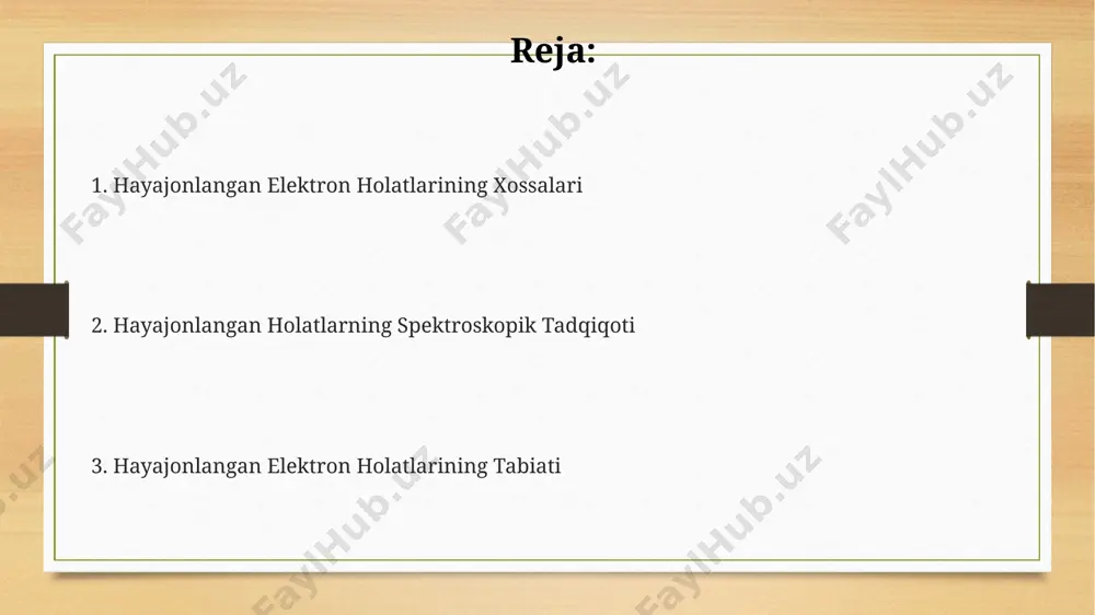 energiyasi 10 -18 j atrofida bo'ladi. birinchi qo'zg'algan holatning energiyasi yer yuzasidan 100km balandlikdagi ionosferadagi elektronlarning harakatlanish energiyasidan sezilarli darajada yuqori, taxminan 10 -17 j atrofida bo'lishi mumkin. elektronning 2p energiya darajasidan 3s darajasiga o'tishi 1,5 ev energiya yutilishini talab qiladi va bu jarayon atomning foton emissiyasi yoki yutilishi bilan bog'liq bo'lib, masalan, germaniyada o'tkazilgan tajribalarda kuzatilgan. qo'zg'algan elektron holatlarining tabiati qo'zg'algan elektron holatlari atom yoki molekulalarning 2 dan 100 gacha turli energiya darajalarida mavjud bo'lib, bu energiya darajalari elektronning orbital momentumiga va spiniga bog'liq, masalan, gidrogen atomining spektr chiziqlariga qarang. qo'zg'algan elektronlarning yashash vaqti 10⁻⁸ dan 10⁻⁹ sekundgacha, bu vaqt ichida ular yutilgan energiyani issiqlik, nur yoki kimyoviy reaksiyalar orqali tarqatishi mumkin, masalan, fotosintez jarayonida. qo'zg'algan elektron holatlarining energiyasi 10-1000 kj/mol oralig'ida bo'lib, bu xona haroratidagi termal energiyadan ancha yuqori, masalan, toshkentdagi yozgi kunning harorati bilan solishtirganda. elektronik qo'zg'alish va kimyoviy reaksiyalar ko'pgina kimyoviy reaksiyalar, masalan, 10-15% samaradorlik bilan …