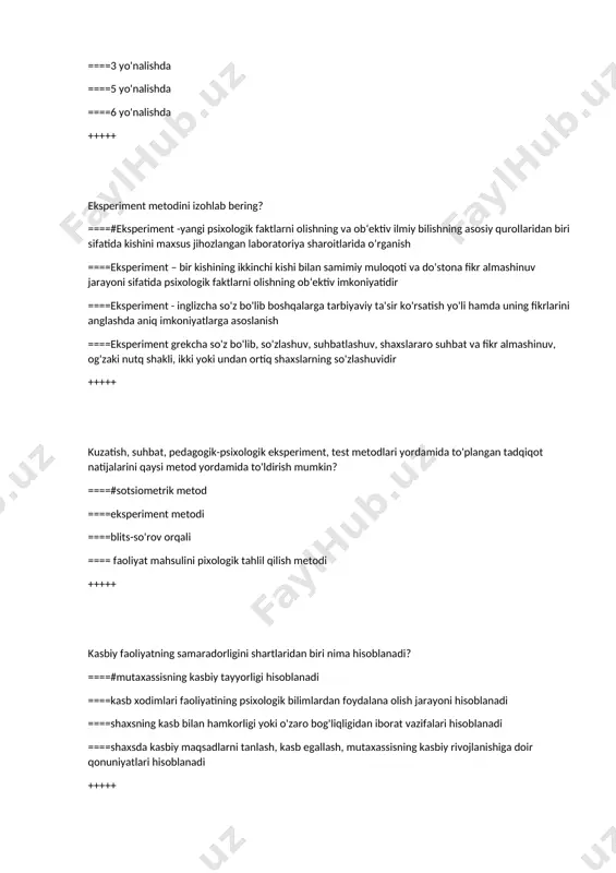 lashda aniq imkoniyatlarga asoslanish ====eksperiment grekcha so'z bo'lib, so'zlashuv, suhbatlashuv, shaxslararo suhbat va fikr almashinuv, og'zaki nutq shakli, ikki yoki undan ortiq shaxslarning so'zlashuvidir +++++ kuzatish, suhbat, pedagogik-psixologik eksperiment, test metodlari yordamida to'plangan tadqiqot natijalarini qaysi metod yordamida to'ldirish mumkin? ====#sotsiometrik metod ====eksperiment metodi ====blits-so'rov orqali ==== faoliyat mahsulini pixologik tahlil qilish metodi +++++ kasbiy faoliyatning samaradorligini shartlaridan biri nima hisoblanadi? ====#mutaxassisning kasbiy tayyorligi hisoblanadi ====kasb xodimlari faoliyatining psixologik bilimlardan foydalana olish jarayoni hisoblanadi ====shaxsning kasb bilan hamkorligi yoki o'zaro bog'liqligidan iborat vazifalari hisoblanadi ====shaxsda kasbiy maqsadlarni tanlash, kasb egallash, mutaxassisning kasbiy rivojlanishiga doir qonuniyatlari hisoblanadi +++++ shaxsning bilish jarayonlariga kaysi psixik jarayonlar kiradi? ====#diqqat, sezgi, idrok, xotira, tafakkur, xayol, nutq ====diqqat, xis-tuygu, iroda, sezgi, idrok, tafakkur ==== diqqat, tafakkur, xotira, iroda, qobiliyat, motivasiya ====diqqat, temperament, xotira, xarakter, iroda +++++ mavhum (nazariy) tafakkur insonning qaysi yosh davrlari uchun xos, kimlarda rivojlangan bo’ladi? ====#o’spirinlik davrida ====bolalik davrida ====o’smirlik davrida ====pedagogik faoliyatda …