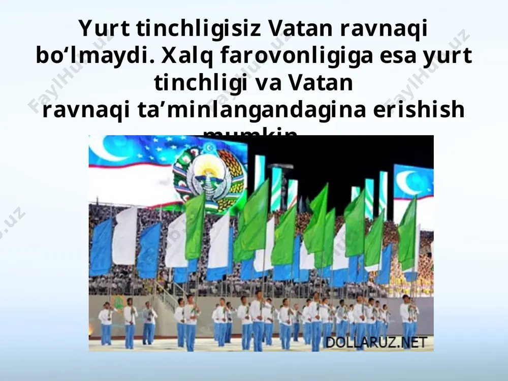 y topgan davlatgina xalqining farovonligi uchun barcha shart-sharoitlarni yaratib bera oladi. savol va topshiriqlar: 1. xalq farovonligiga qanday sharoitda erishish mumkin? 2. xalq farovonligi g‘oyasi dåb nimaga aytiladi? 3. «islohot – islohot uchun emas, avvalo inson uchun» degan qoida kim tomonidan aytilgan? uning ma’nosini tushuntirishga harakat qiling. 4. bozorlarimizdagi to‘kinchilikning sababi nimada deb o‘ylaysiz? 5. «bir yigitga qirq hunar oz» degan maqolning ma’nosini siz qanday tushunasiz? 6. ushbu rasmlarda aks ettirilgan kishilar xalq farovonligiga qanday hissa qo‘shayotgani to‘g‘risida so‘zlab bering. image2.jpeg image3.jpeg image4.jpeg image5.jpeg image6.jpeg image7.jpeg image8.jpeg image9.jpeg image10.jpeg image11.jpeg image12.emf image13.jpeg image14.jpeg image15.jpeg image16.jpeg image1.jpeg