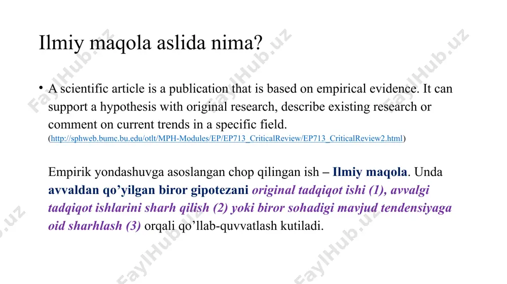 iga mos kelishiga (1), ishning ilmiy yangiligiga (2), ishning ahamiyatiga (3) maqolaning kirish qismida yuqoridagilarga aniq-tiniq da’vo qilish tavsiya etiladi. bu jihatlar noziklik bilan nazarda tutilishi va ko’rsatib berilishi tavsiya qilinadi, lekin qat’iy da’vo qilinmaydi. xech bir tadqiqotchi o’zining natijasi 100% to’g’ri deb da’vo qila olmasligiga asoslanib ishning da’vosini noziklik bilan aks ettiring. kirish qismi umumiylik bilan boshlanib xususiylik tomon olib boriladi. sweyls tomonidan ilmiy maqolalar kirish qismi uch bosqichda olib borilishi tasvirlangan. 1. ishning areali tushintiriladi (ilmiy ishning sohasi, nima uchun bu sohaning muhimligi, hozirgacha nima ish qilingani) 2. ilmiy ishning boshpanasi/suyanchigi tushintiriladi (qayerda uzilish borligi ko’rsatiladi, savol yuzaga keltiriladi, yoki ushbu arealdagi oldingi ma’lumotlar oqimiga ergashiladi) 3. oldingi abzatsda tushintirilgan boshpana/suyangich endi qamrab olinadi (hozirgi ishning maqsadi eskiz ko’rinishida aks ettiriladi, qisqa ma’nosi bayon qilinadi; ixtiyoriy ravishda natijalarning “qaymog’i” ko’rsatib beriladi). materiallar va metodlar odatda "materiallar va metodlar" deb nomlanadigan metodlar bo'limi natijalar qanday ishlab chiqilganligini tasvirlab beradi. …