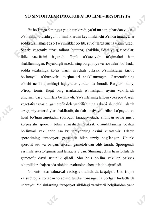 b yctilgan spora tarqalganidan so`ng, undan protonemaning o`sishidir. protonema ko`pchilik yo`sinlarda ipsimon tuzilishga ega. faqat sfagnum va andrea yo`sin gametofitining dastlabki fazasida plastinka holatida bo`ladi. jigarsimon yo`sinlarda protonema qisqagina ipchadan iborat. bir yoki bir necha hujayralardan tashkil topgan. uning apikal hujayrasi uzunasiga 2 ga bo`linib, undan plastinkali yoki poyabargli gametofit taraqqiy etadi. yo`sintoifalar orasida funariyaning (funaria hydrometrica) protonemasi yaxshi o`rganilgan. uning sporasi qulay sharoitda tez o`sib, ipcha hosil qiladi. undan keyinchalik rizoid taraqqiy etadi. yashil rangli ipsimon protonema deyiladi. ipcha shoxlanib kaulonema deb ataluvchi bosqichga o`tadi. bu protonemaning oxirgi bosqichi bo`lib, unda gametofor kurtaklari va rizoidlar bo`ladi. yo`sinlarning bunday ipsimon protonemasi tashqi ko`rinishi jihatidan yashil suvo`tlariga juda o`xshaydi. shunga ko`ra yo`sinlarni yashil suvo`tlaridan kelib chiqqan degan taxminlar mavjud. biroq bu fikrni tasdiqlovchi asosli dalillar yo`q. hozirgi klassifikatsiyalar bo`yicha yo`sintoifa o`simliklar bo`limi 3 ta ajdodga (sinfga) bo`linadi: 1. jigarsimon yo`sinlar - marchantiopsida 2. antotserotsimon yo`sinlar - anthocerotopsida 3. poyabargli yo`sinlar - …