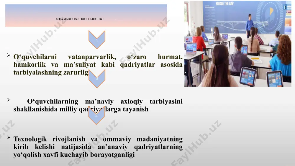 niyati dasturi asosida o‘quvchilarda jamoaviy ma’suliya va o‘zaro yordam tushunchasi rivojlantiriladi. maktab hayotida axloqiy va ijtimoiy qadriyatlar doimiy ravishda singdiriladi ta’lim muassasasida internet madaniyati va digital etikani o‘quv dasturlariga kiritish mavzuning qiyosiy tahlil etilganligi 9 xulosa maktab qadriyatlarini shakillantirish orqali o‘quvchilarning nafaqat ta’lim darajasi balki ma’naviy, ijtimoiy va madaniy solahiyati ham yuksaladi. bu esa ularni nafaqat bilimli balki axloqiy jihatdan barkamoi, jamiyat ushun foydali shaxs sifatida tarbiyalashga hizmat qiladi. 10 taklif maktab qadriyatlari shakillantirish bo‘yicha milliy dastur ishlab chiqilishini yanada takomillashtirish maktablarda “qadriyatlar haftaligi”ni joriy qilish axloqiy va raqamli madaniyat bo‘yicha maxsus onlayn platforma joriy qilish zarurligi 11 chora-tadbirlar rejasi t/r muammo muammoning yechimini amalga oshirish mexanizmi mas’ullar muddati kutilayotgan natija 1 maktab o’quvchilarining ijtimoiy tarmoqlarda foydalanish qoidalarini bilmasligi,sababli kiberxavfsizlik xatarlari kuchayib borayotganligi o‘quv dasturiga onlayn xavfsizlik, onlayn axloq, feyk yangiliklarni ajratish, onlayn muloqat madaniyatini o‘rgatish kabi mavzularni qo‘shish choralari ishlab chiqish zarur maktab ma’muriyati o‘quv yili boshida maktabda o’quvchilar …