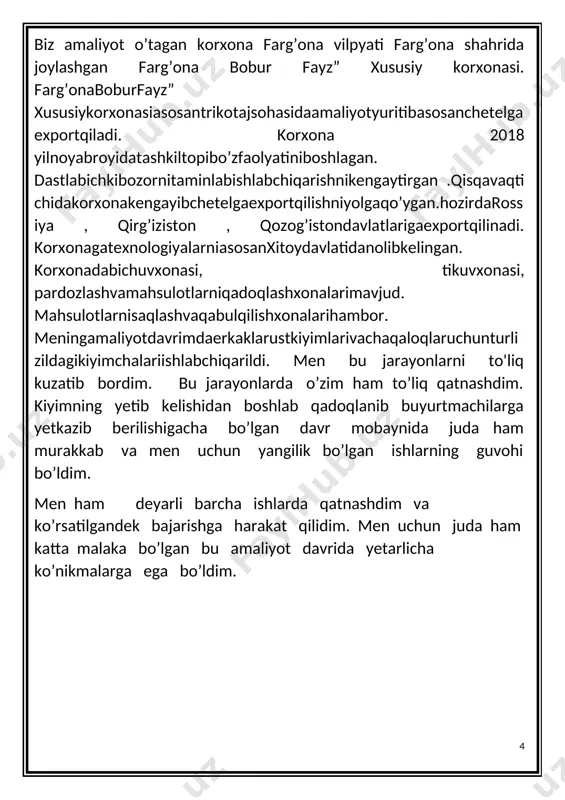 a tayyor shaklda keladi. va kesilgan mahsulot to’g’ridan to’g’ri tikuv bo’limiga yuboriladi. korxonada tayyorlov bo’limida asosan kiyimning sifati va soni tekshiriladi. shundan so’ng ishchilar kiyimni simmetrik chizig’idan bukib kiyimning oshiqcha va notekis joylarini kesib kiyimni sifatliroq qilib tayyorlashadi. tikuvchilik korxonalari faoliyatining asosiy masalalaridan biri - bu assortiment siyosatdir. texnologik jarayonlarni zamonaviy loyihalash bevosita mahsulotni yetkazib berishni muvofiqlashtirish, m,ahsulotga bo’lgan talablar assortiment tuzilishini aniqlash va xabar berish bilan bog’liq. tikuvchilik buyumlarini ishlab chiqarish uchun iste’molchilarning muayyan guruhlarini e’tiborga olib, xususiyatlariga ega bo’lgan assortimentning optimal variantlari bilan ifodalanishi kerak. bu holatda turli xil mahsulotlar iste’molchilar guruhlari talabiga javob beradigan tarzda tanlanadi. ammo kelajak uchun muayyan modellarga bo’lgan ehtiyojni taxmin qilish murakkab. tikuv buyumlari assortimentining shakllanishi bu mahsulotni butun ishlab chiqarish davomida yuzaga keladigan jarayon bo’lib, u yaratilish konsepsiyasidan boshlanib ishlab chiqarish jarayoni bilan yakunlanadi. dastur bosqichida yangi mahsulotlar uchun bozor tashkil etiladi. savdolarning o’sishi yangilik sifat raqobatbardoshlik mahsulot narxi va boshqa ko’rsatkichlarga …
