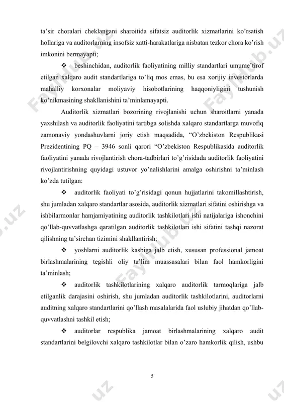 isobi. moliyaviy hisobot / 07.29.01.00 umumiy qoidalar]2021-yil yakuniga qadar buxgalterlarni xalqaro sertifikatlash doirasida “mhxs bo’yicha moliyaviy hisobot” fanini muvaffaqiyatli topshirganligi to’g’risida hujjatga yoxud “sertifikatlangan xalqaro professional buxgalter (cipa)”, “sertifikatlangan diplomli buxgalter (assa)”, “sertifikatlangan jamoatchi buxgalter (sra)” va “xalqaro moliyaviy hisobot bo’yicha diplom (dipifr)” sertifikatlaridan biriga ega kamida uch nafar mutaxassis miqdorida mhxsni sifatli qo’llash uchun yetarli bo’lgan buxgalteriya xizmati xodimlari bilan ta’minlash”[footnoteref:3]lari prezident qarori bilan belgilab qo’yilishi hisob va audit sohalariga qanchalik e’tibor berilayotganligidan dalolat beradi, hamda shu soha vakillariga va mutahasislariga katta ma’sulyat yuklaydi, bu esa auditorlik faoliyatini yanada rivojlantirishni, xalqaro standartlar asosida tuzilayotgan auditrolik hisobotlariga tenglasha oladigan auditorlik hisobotlarini o’zimizda ham tuzishni katta vazifa sifatida qo’yadi. [3: o‘zbekiston respublikasi prezidentining pq – 4611 sonli qarori. 24.02.2020 “moliyaviy hisobotning xalqaro standartlariga o‘tish bo‘yicha qo‘shimcha chora-tadbirlar to‘g‘risida”.] 1. auditorlik hisobotini tuzishning nazariy asoslari va unga qo’yilgan talablar. xo’jalik yurituvchi sub’yektlarining iqtisodiy mustaqil hamda moliyaviy barqaror faoliyat ko’rsatishlarida ularni oqilona boshqarish, …