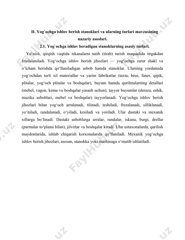 aqaytma harakatlanadigan yoki qoʻzgʻalmas pichoqli randalash stanogi; detallarga doiraviy keskich bilan ishlov beradigan frezalash stanogi; teshik yoki oʻyiqlar ochish uchun ishlatiladigan parmalash stanogi; fanerlar, gugurt choʻplari, gugurt qutilari va boshqalar tayyorlaydigan yoʻnish stanoklari; yumaloq shaklli detallar tayyorlaydigan tokarlik stanoklari; detallarni silliklash uchun ishlatiladigan jilvirlash stanoklaridan iborat. egish stanoklari changʻilar, mebellar yasash uchun yogʻochni egib beradi. yelimlab yigʻish stanoklariga yelim surkash, shchit yigʻish stanoklari, uzel va buyumlarni yigʻish qurilmalari, pardozlash stanoklari ga boʻyash, qoplama (himoya va bezak) qoplash va jilolash mashinalari kiradi. koʻp qatlamli fanerlar, yogʻoch plitalar, yogʻoch plastinalar yasash uchun yogʻochni zichlashda presslar ishlatiladi yog‘och tayyor qurilish materiali bo‘lib, u xalq xo‘jaligining turli sohalarida keng ko‘lamda ishlatiladi. yog‘och duradgorlikda ishlatiladigan asosiy material hisoblanadi. undan qurilish va inshootlarda, avtomobilsozlik, vagonsozlik, kimyo va ko‘mir sanoatida, faner, mebel, sport inventarlari tayyorlash va boshqasohalarda foydalaniladi. yog‘ochning keng ko‘lamda ishlatilishiga sabab uning texnik xossalarining yuqoriligidir. yog‘ochni ishlash oson, vazni yengil, puxtaligi yuqori, issiqlik vaelektrni yomon …
