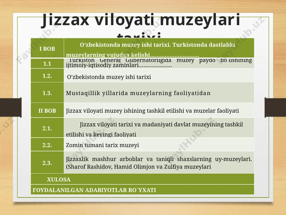 зиденти и. каримовнинг 2008 йил 20 сентабрда кабул килинган “музейлар тугрисида” ги фармони / lex.uz. o'zbekiston respublikasi prezidentining “o'zbekiston respublikasini yanada rivojlantirish bo'yicha harakatlar strategiyasi to’g’risida” gi pf - 4947 - sonli farmoni / lex.uz. o'zbekistonda mustaqillik sharoitida jamiyatdagi yangi o'zgarishlarni amalga oshirish jarayonida, jamiyat a'zolarini erkin, ma'naviy yetuk va milliy g'oya ruhida tarbiyalashda muzeylarning ham ahamiyati ortib bormoqda. “albatta har qaysi xalq yoki millatning ma'naviyatini uning tarixi, o'ziga xos urf-odat va an'analari, hayotiy qadriyatlaridan ayri holda tasavvur etib bo'lmaydi”. o'zbekiston respublikasidagi muzeylar va tarixiy me'moriy yodgorliklar millatning madaniy uyg'onishi, xalq ongida milliy g'urur va qadriyatlarni kuchaytirish hamda mustahkamlashda muhim ro'l o'ynaydi. muzeylar nafaqat tabiat va jamiyatning noyob hamda xilma-xil ashyolari xazinasi, muhim ilmiy, ma'rifiy-tarbiyaviy, ijtimoiy kommunikatsiyaning muhim xalqasi va markazlari hamdir karimov i. a. yuksak ma'naviyat - yengilmas kuch. - toshkent: ma'naviyat, 2010. - b. 30. mustaqillik davrida jizzax viloyati hududida joylashgan muzeylar faoliyatini takomillashtirish ishlari boshlandi. ular xalqning …