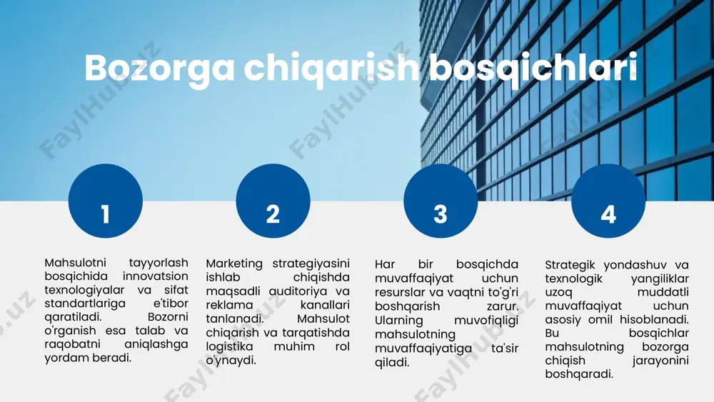rishi bilan bog'liq. ekologik muhitga e'tibor kuchayishi bilan, yashil texnologiyalar va ekologik mahsulotlarga talab oshmoqda, bu esa yangi bozor segmentlarini ochadi. innovatsiyalar va raqobatbardoshlikni ta'minlash uchun, kompaniyalar yangi texnologiyalarni joriy etish va mahsulotlarni yangilash orqali raqobat ustunligini saqlashlari kerak. misol uchun, sun'iy intellekt va ma'lumotlar tahlili yordamida mijoz ehtiyojlarini oldindan aniqlash mumkin. photo by te lun ou yang on unsplash 1 2 3 tahlil natijalari va tavsiyalar tahlil natijalari asosida bozor segmentlari va potentsial mijozlar aniqlanadi. swot va pestle metodlari yordamida bozor imkoniyatlari va kamchiliklar tahlil qilinadi. strategiyalar: bozorni tanlash, marketing va tarqatish, raqobat usullari: farqlash, narx, brend va mijoz bilan aloqani kuchaytirish tavsiya etiladi. bu tavsiyalar tahlil natijalariga asoslangan bo‘lib, mahsulot muvaffaqiyatini ta'minlashga qaratilgan. photo by georgi kalaydzhiev on unsplash marketing strategiyalarining ahamiyati marketing strategiyalarining asosiy maqsadlari: mijoz ehtiyojlarini tushunish, brendni tanitish va sotishni oshirish. bu strategiyalar orqali kompaniya bozor ulushini kengaytiradi va raqobatbardosh bo'ladi. bozorni tushunish va mijozlar …