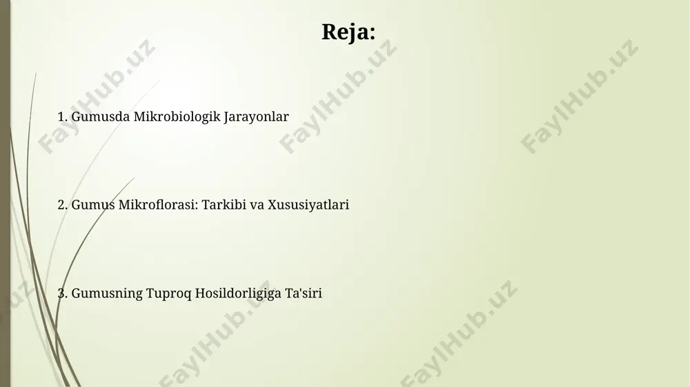 laboratoriya sharoitida humus mikroflorasini o'rganishda fluoresensiya mikroskopi yordamida taxminan 200 ta mikroorganizmlarning turli xil morfologik xususiyatlari va 10 ga yaqin yangi tur aniqlangan. gumus mikroflorasining xilma-xilligi o'zbekistonning samarqand viloyati tuproqlarida 100 gramm humusda 10⁹ dan ortiq bakteriyalar, 10⁷ zamburug'lar va 10⁶ aktinomisetlar aniqlangan, bu mikroflora xilma-xilligining yuqori darajasini ko'rsatadi. qoraqalpog'iston respublikasining cho'l zonasida joylashgan tuproqlarda humus mikroflorasi tarkibida, issiqqa chidamli 5 dan ortiq bakteriya turi va 3 dan ortiq xilma-xil zamburug'lar aniqlangan, bu qurg'oqchilik sharoitida ham yashashga moslashgan mikroorganizmlar mavjudligini bildiradi. gumus mikroflorasining tarkibi gʻumrus mikroflorasining tarkibiga kiruvchi protozoa va nematodalar soni 10⁴-10⁶ hujayra/gram tuproq oraligʻida oʻzgarib turadi va bu raqam namangan viloyatining unumdor tuproqlarida yuqori boʻladi. gʻumrus mikroflorasining tarkibiga 100 dan ortiq bakteriya turlari, shu jumladan, azotobacter va bacillus kabi azot fiksatsiyasi qiluvchi bakteriyalar, shuningdek, 20 ga yaqin zamburugʻ turlari, masalan, trichoderma va penicillium, oʻzbekistonning turli tuproqlarida uchraydi. gumusda mikroorganizmlarning rolini o'zbekistonning janubiy hududlaridagi gumusli tuproqlarda 100 gramm tuproqda …