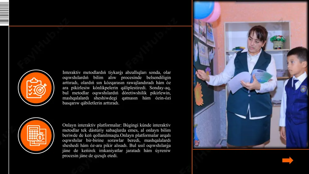 nen shalǵıtıwı, nátiyjede bul metodikalıq usıl payda ornına zıyan keltiriwi múmkin. oqıwshılardıń sharshawı aqıbetinde kóbinese olardıń dıqqat-itibarı hám aktivligi bilim alıwshılardıń berilip atırǵan sabaqlardan sharshamawı hámde shalǵamawı, dıqqatın berilip atırǵan sabaqqa qaratıw usıllarınan biri bul sabaq ótiw usılınıń hár qıylı, jańa pedagogikalıq texnologiyalardı paydalanǵan jaǵdayda ótiwi bolıp tabıladı.bilim beriwde tájiriybeli oqıtıwshılar bilim alıwshılar ózlestiriwi qıyın bolǵan materiallardı sabaqtıń birinshi yarımında, tákirarlaw, soraw-juwap oqıwshılardan soraw hám algan bilimlerin bekkemlewdi sabaqtıń ekinshi yarımında ótkeredi. interaktiv metodlar oqıwshılardıń bilim alıw procesinde aktiv qatnasıwın támiyinlew, olardıń pikirleri hám sezimlerin úyretiw, óz ara baylanıs hám birge islesiwdi rawajlandırıwǵa qaratılgan usıllar bolip esaplanadı. bul metodlar oqıwshılardıń bilim beriw procesinde passiv qatnasıwshıdan aktiv qatnasıwshıǵa aylanıwına járdem beredi. interaktiv metodlardıń tiykarģı maqseti oqıwshılardıń kónlikpelerin rawajlandırıw, olardı óz pikirlerin erkin bildiriwge, sorawlar beriwge, mashqalalardı sheshiwge hám kreativ qatnastı rawajlandırıwģa shaqiradi.interaktiv metodlar oqıwshılardıń bilim alıw procesine tásirin kúsheytedi. bunday metodlar oqıwshılardıń qızıǵıwshılıǵın arttıradı, sebebi olar óz pikirlerin bildiredi, toparda isleydi …