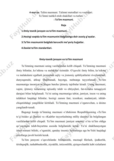 talim mazmuni va tashkil etish usullari — PDF
